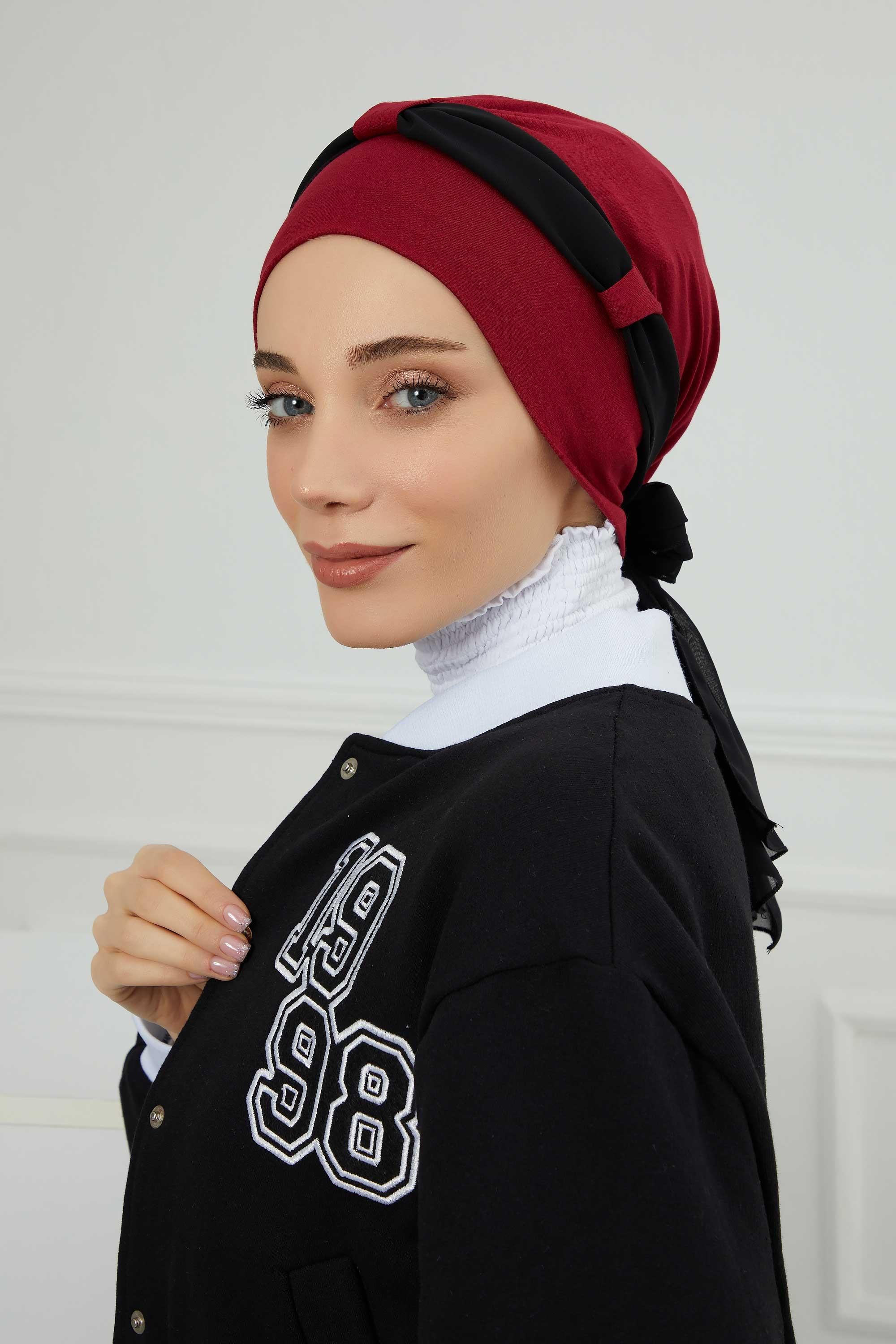 Dual Tone Instant Turban Bonnet with Chiffon Band, Fashionable Muslim Head Covering for Women, Ready-to-Wear Versatile Women Head Wrap,B-24 Maroon - Black