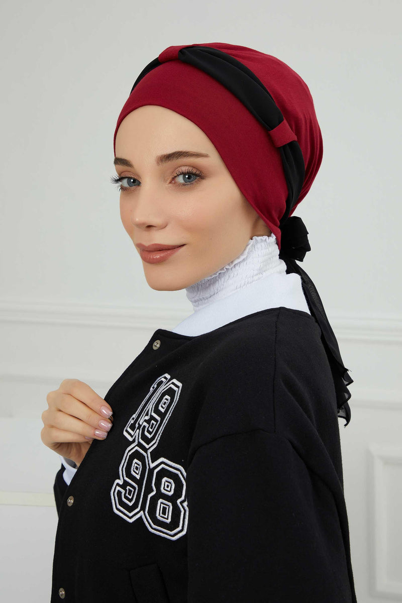 Dual Tone Instant Turban Bonnet with Chiffon Band, Fashionable Muslim Head Covering for Women, Ready-to-Wear Versatile Women Head Wrap,B-24