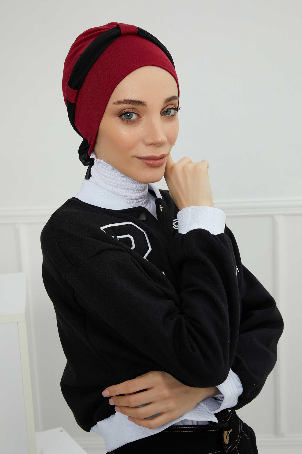Dual Tone Instant Turban Bonnet with Chiffon Band, Fashionable Muslim Head Covering for Women, Ready-to-Wear Versatile Women Head Wrap,B-24 Maroon - Black