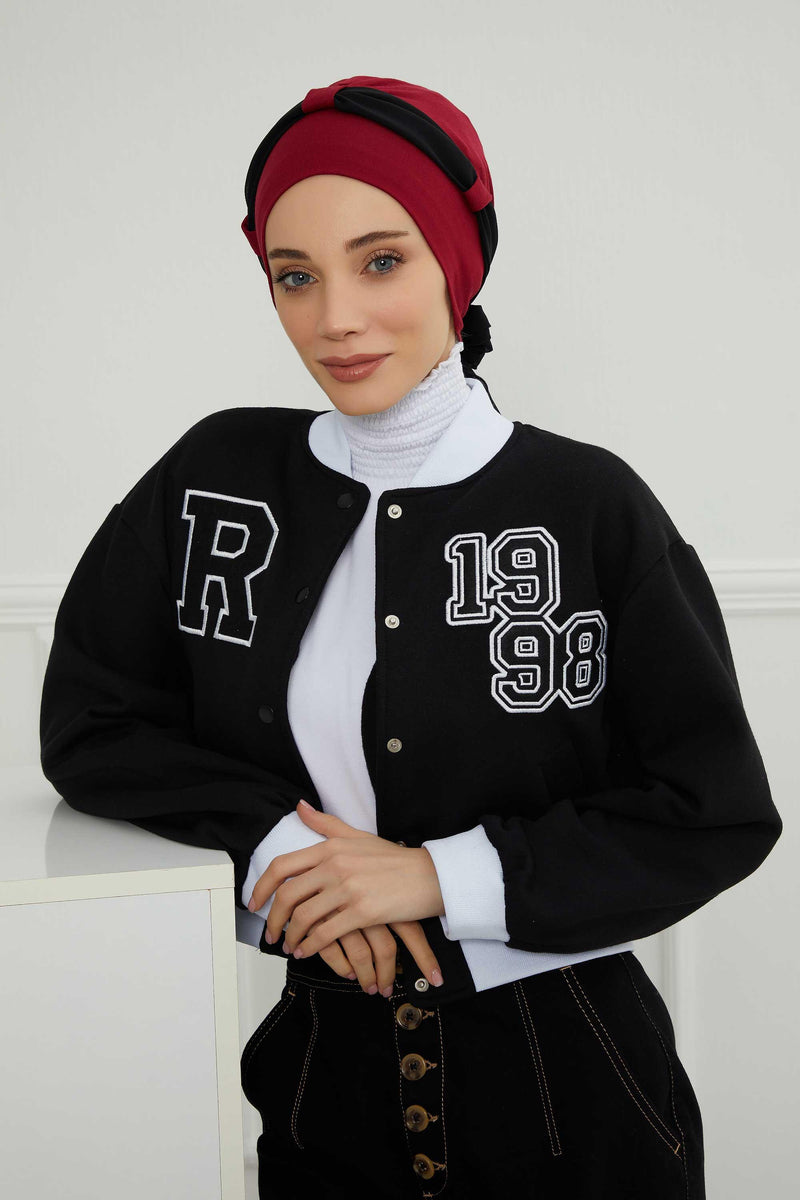 Dual Tone Instant Turban Bonnet with Chiffon Band, Fashionable Muslim Head Covering for Women, Ready-to-Wear Versatile Women Head Wrap,B-24