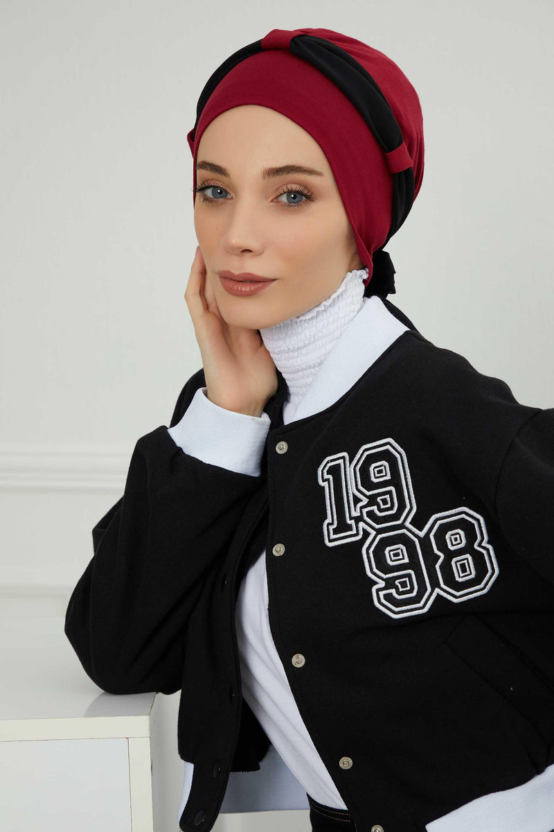 Dual Tone Instant Turban Bonnet with Chiffon Band, Fashionable Muslim Head Covering for Women, Ready-to-Wear Versatile Women Head Wrap,B-24