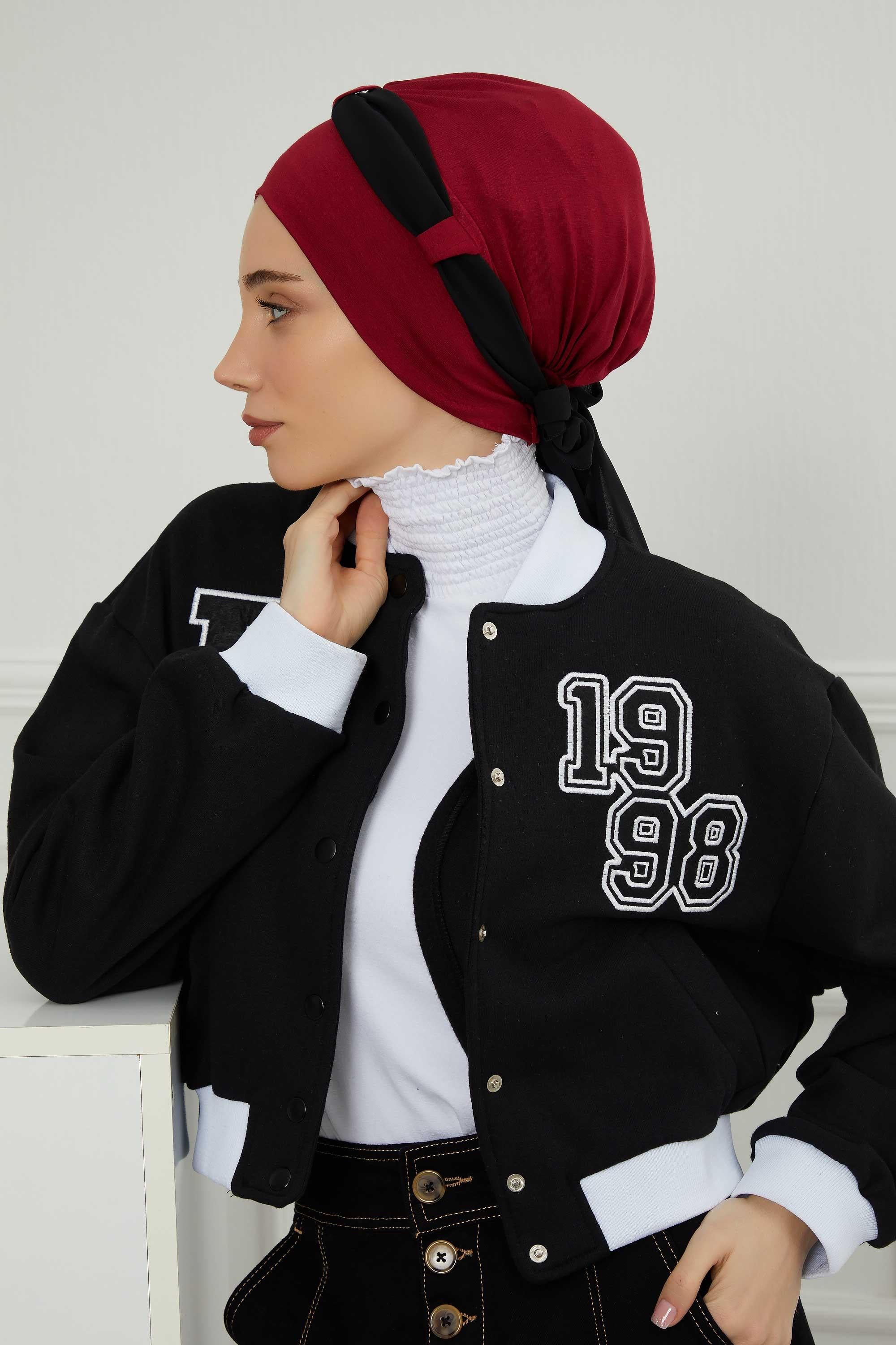 Dual Tone Instant Turban Bonnet with Chiffon Band, Fashionable Muslim Head Covering for Women, Ready-to-Wear Versatile Women Head Wrap,B-24 Maroon - Black