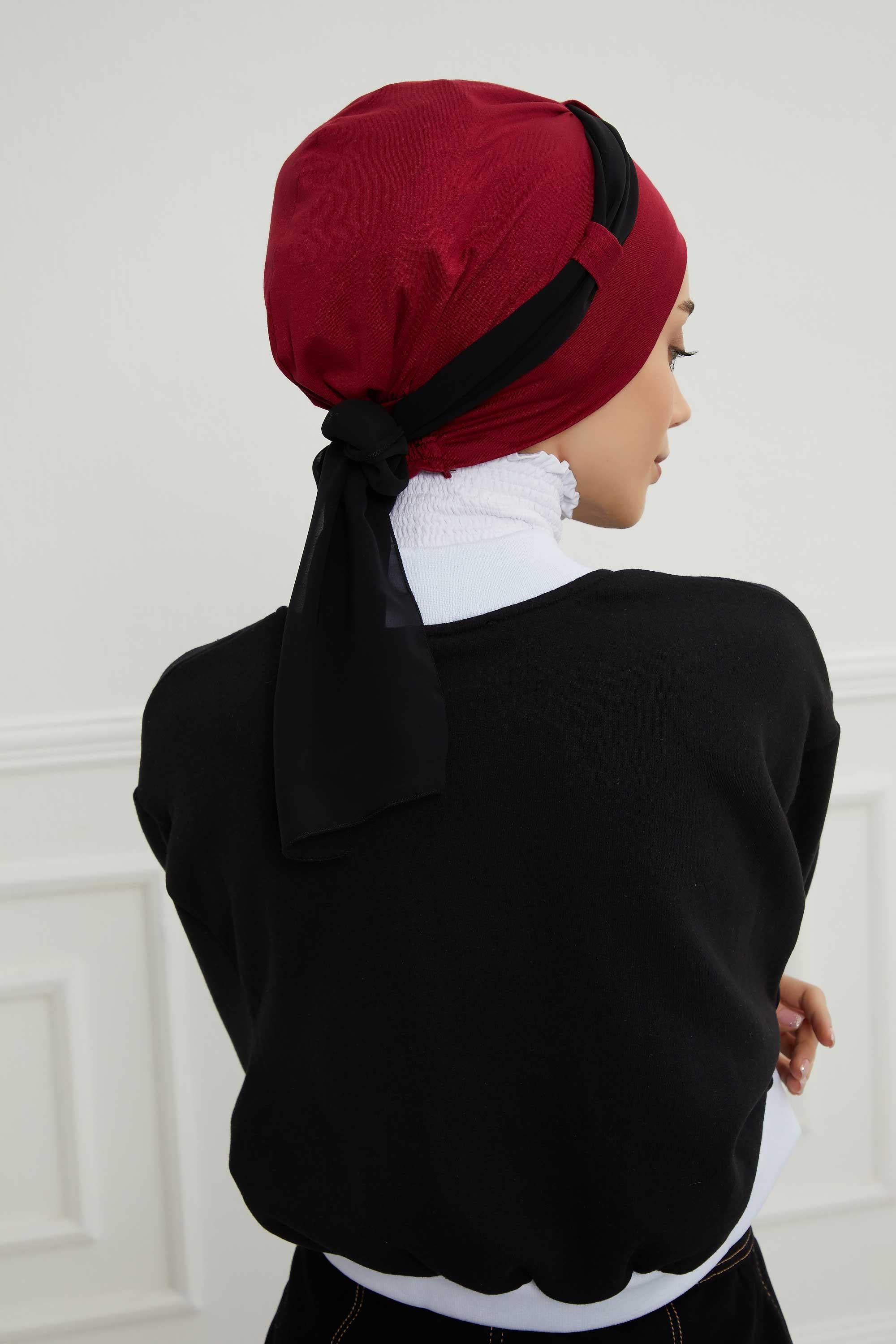 Dual Tone Instant Turban Bonnet with Chiffon Band, Fashionable Muslim Head Covering for Women, Ready-to-Wear Versatile Women Head Wrap,B-24 Maroon - Black