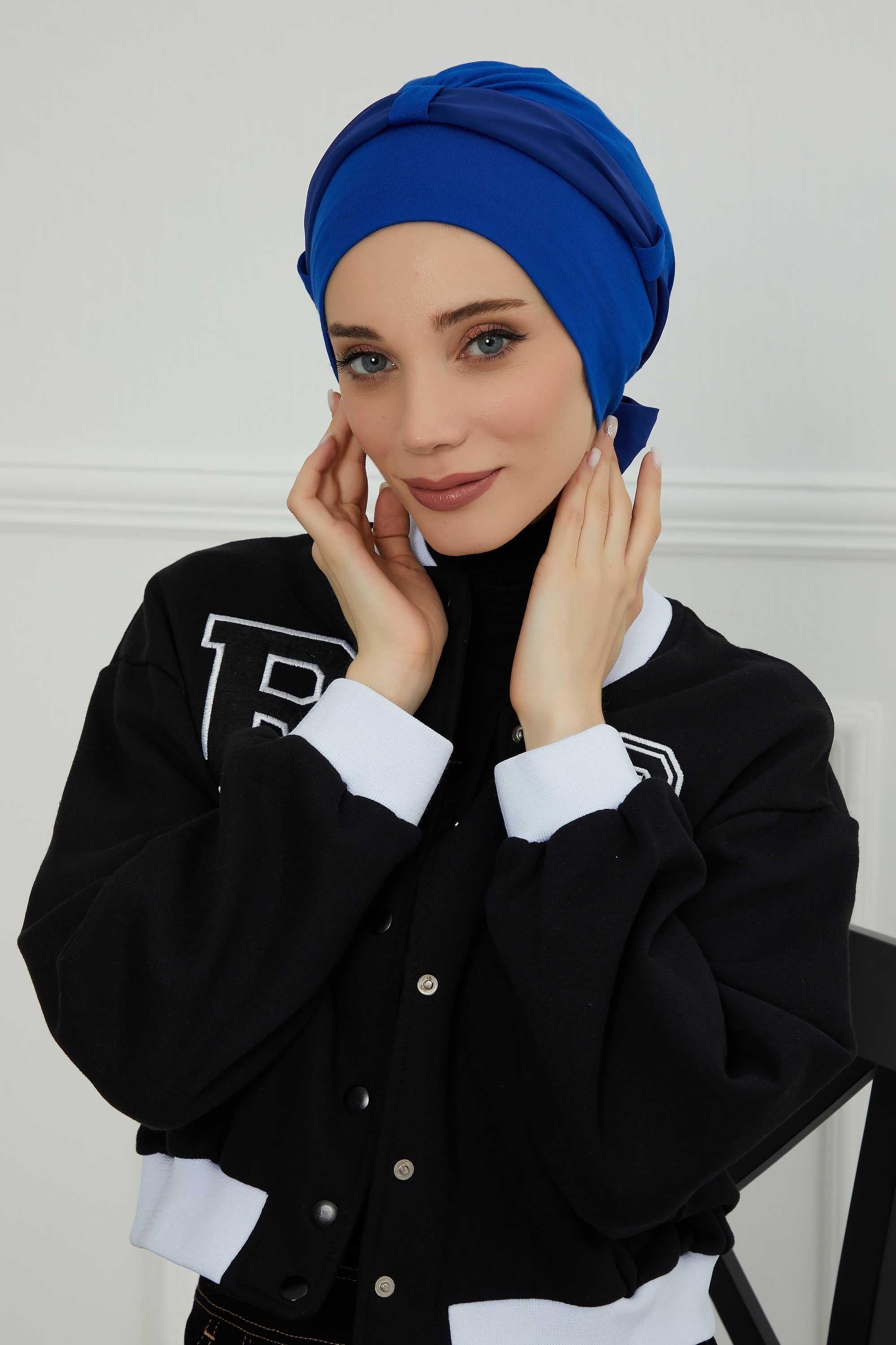 Dual Tone Instant Turban Bonnet with Chiffon Band, Fashionable Muslim Head Covering for Women, Ready-to-Wear Versatile Women Head Wrap,B-24 Sax Blue