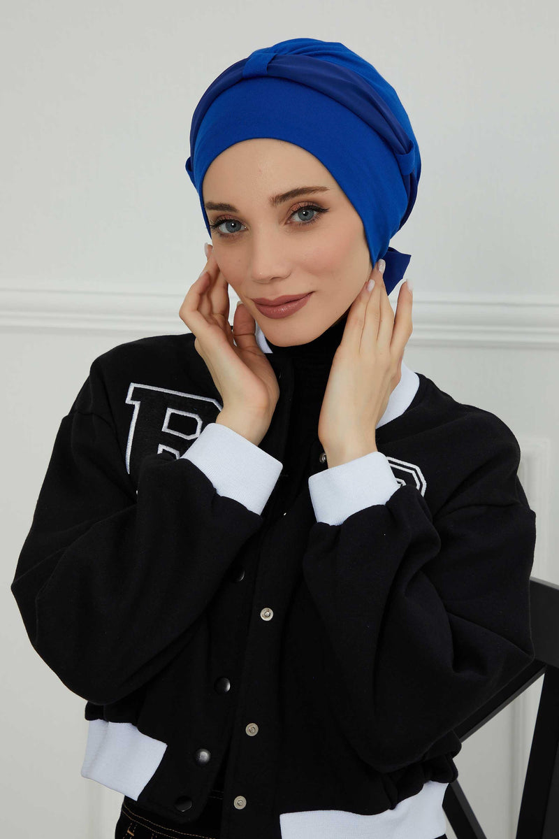 Dual Tone Instant Turban Bonnet with Chiffon Band, Fashionable Muslim Head Covering for Women, Ready-to-Wear Versatile Women Head Wrap,B-24