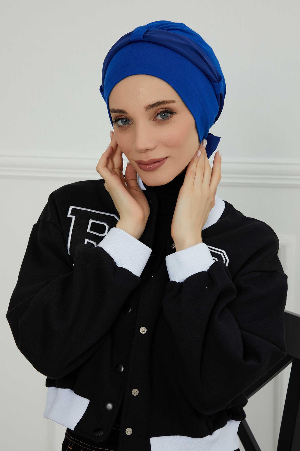 Dual Tone Instant Turban Bonnet with Chiffon Band, Fashionable Muslim Head Covering for Women, Ready-to-Wear Versatile Women Head Wrap,B-24 Sax Blue