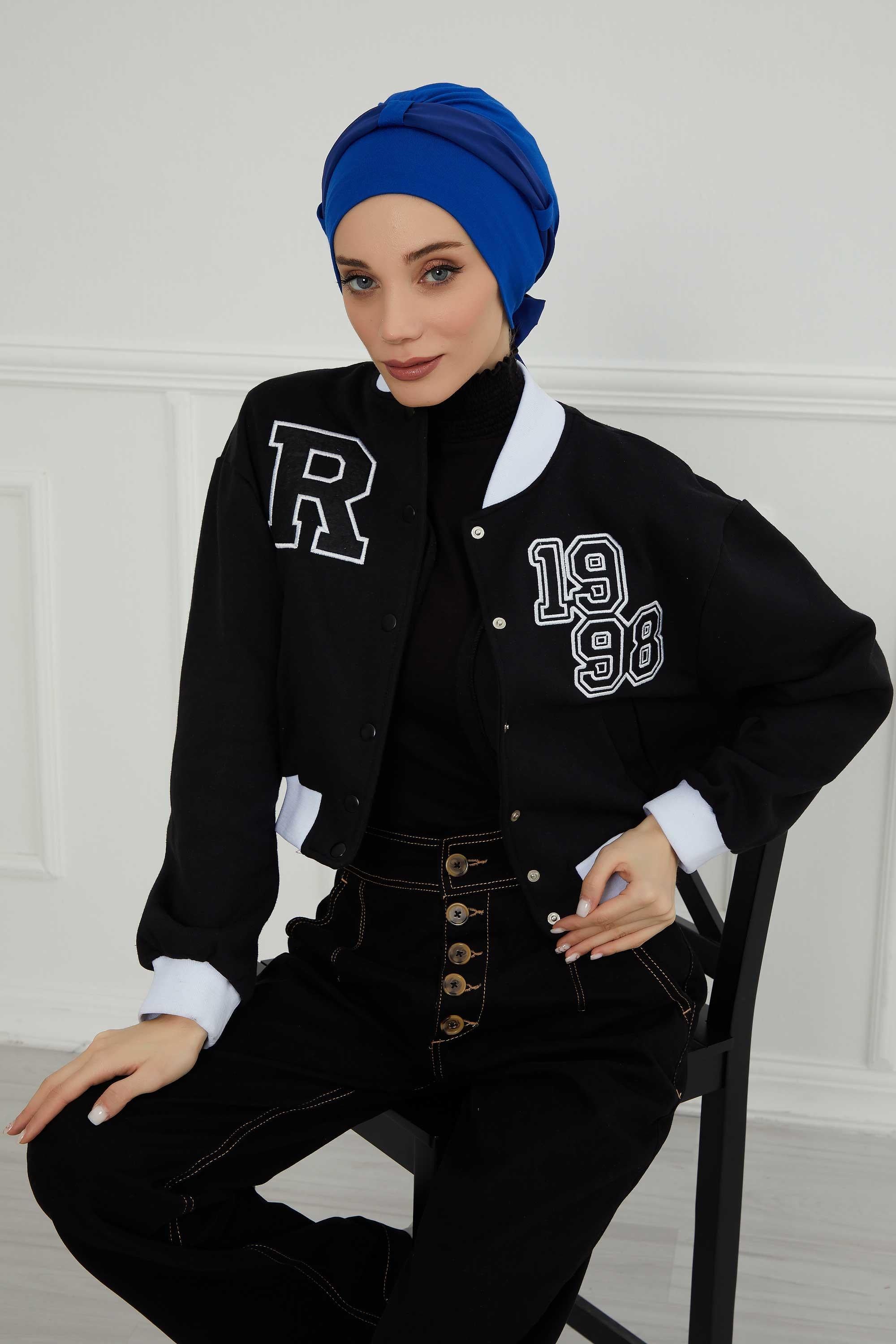 Dual Tone Instant Turban Bonnet with Chiffon Band, Fashionable Muslim Head Covering for Women, Ready-to-Wear Versatile Women Head Wrap,B-24 Sax Blue
