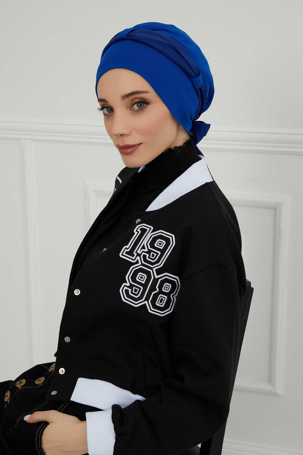 Dual Tone Instant Turban Bonnet with Chiffon Band, Fashionable Muslim Head Covering for Women, Ready-to-Wear Versatile Women Head Wrap,B-24 Sax Blue