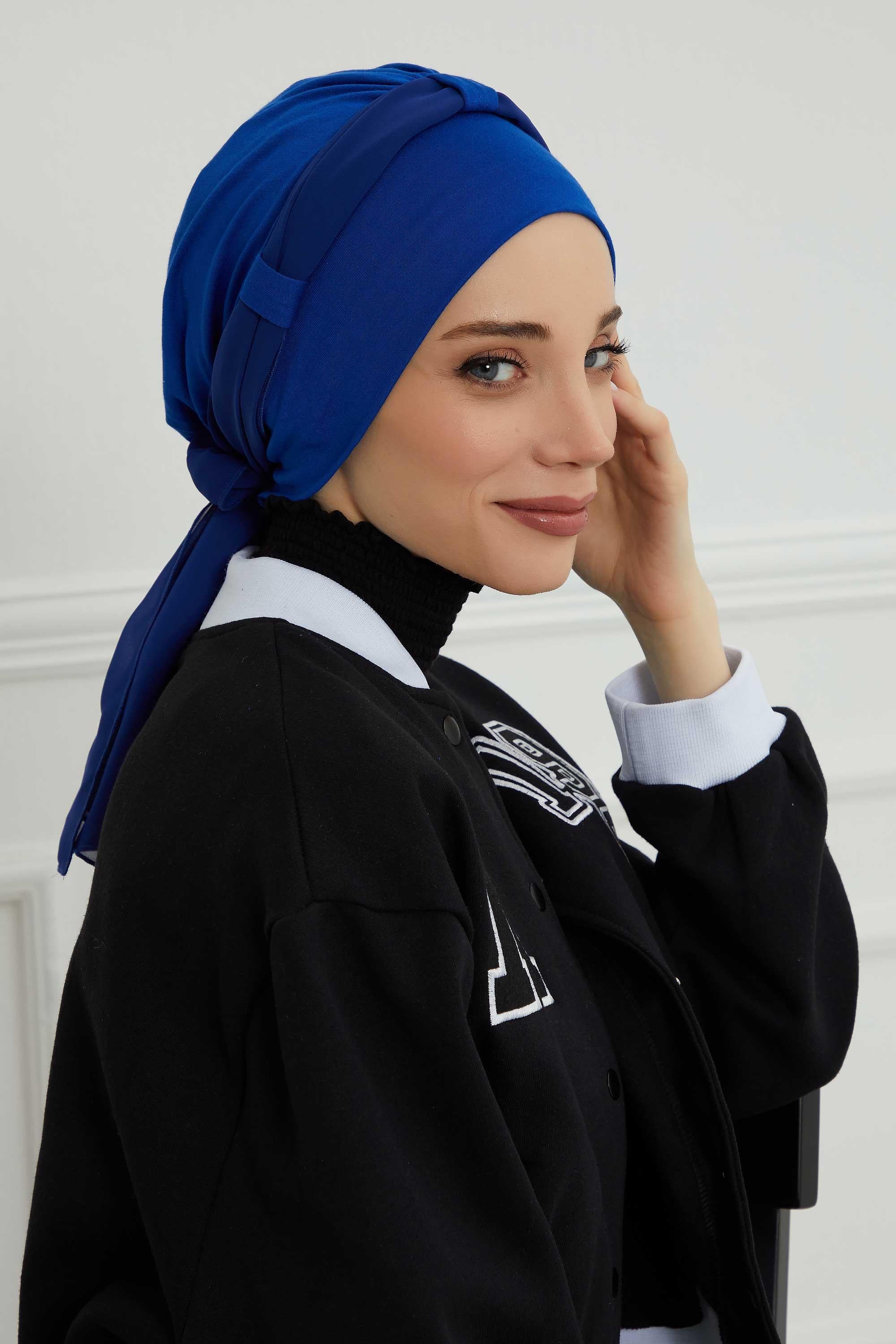 Dual Tone Instant Turban Bonnet with Chiffon Band, Fashionable Muslim Head Covering for Women, Ready-to-Wear Versatile Women Head Wrap,B-24 Sax Blue