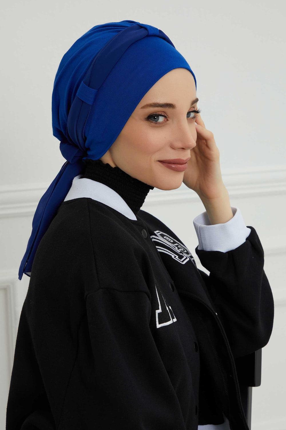 Dual Tone Instant Turban Bonnet with Chiffon Band, Fashionable Muslim Head Covering for Women, Ready-to-Wear Versatile Women Head Wrap,B-24 Sax Blue