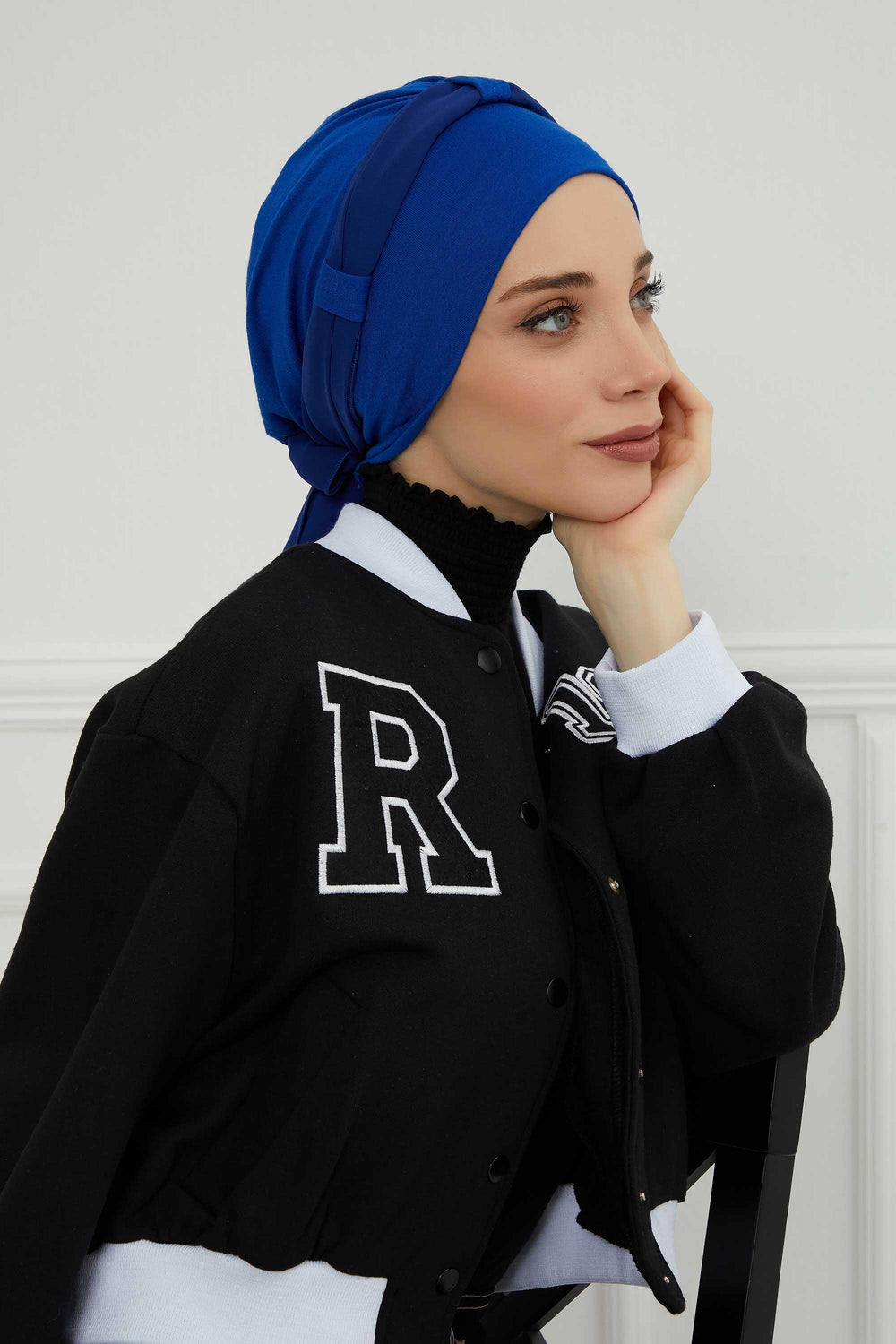 Dual Tone Instant Turban Bonnet with Chiffon Band, Fashionable Muslim Head Covering for Women, Ready-to-Wear Versatile Women Head Wrap,B-24 Sax Blue