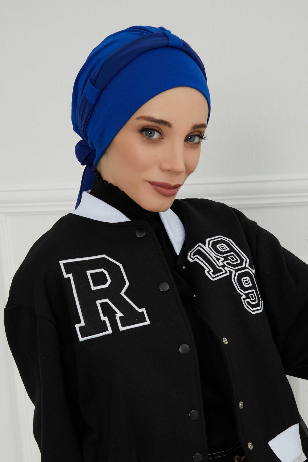 Dual Tone Instant Turban Bonnet with Chiffon Band, Fashionable Muslim Head Covering for Women, Ready-to-Wear Versatile Women Head Wrap,B-24 Sax Blue