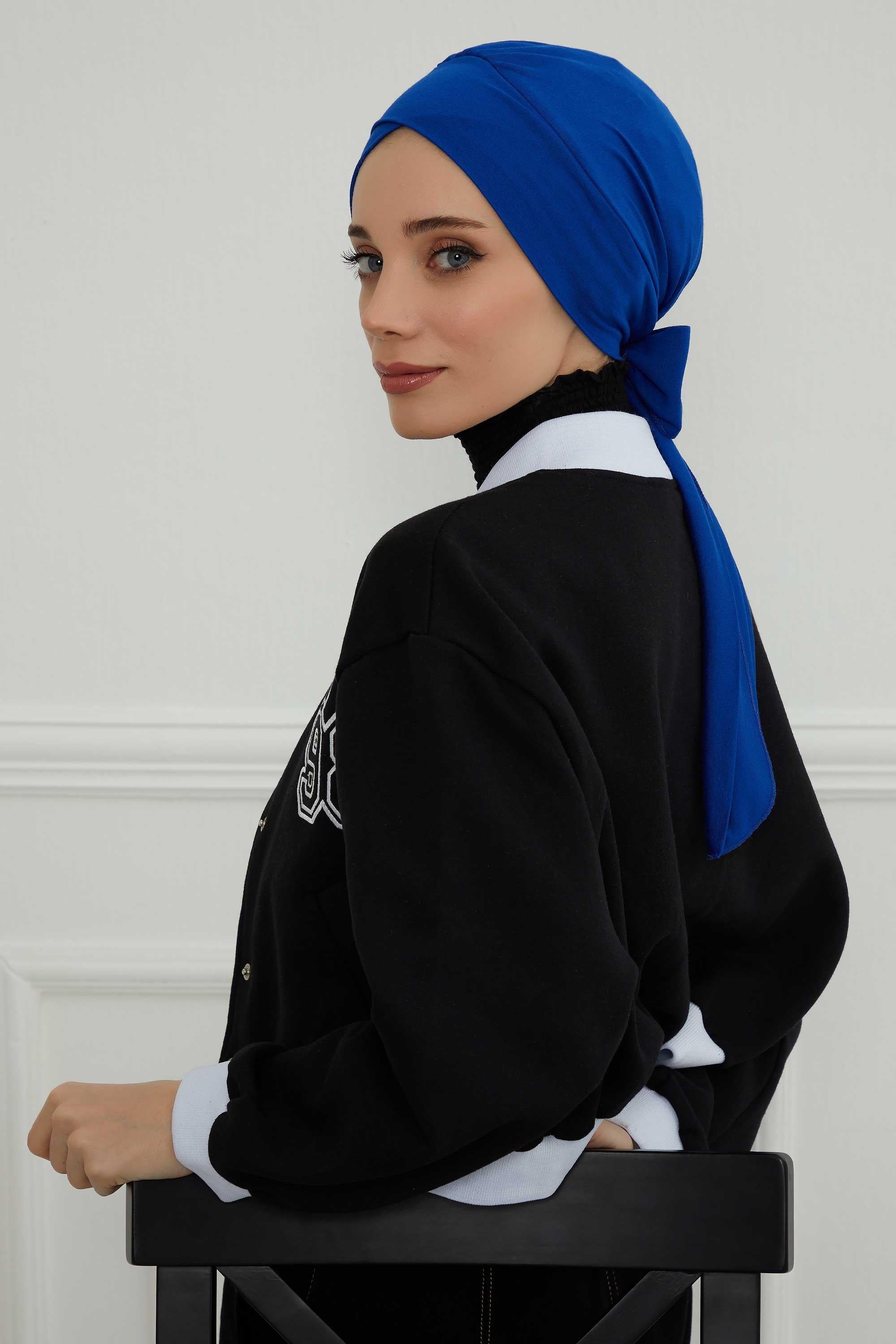 Dual Tone Instant Turban Bonnet with Chiffon Band, Fashionable Muslim Head Covering for Women, Ready-to-Wear Versatile Women Head Wrap,B-24 Sax Blue