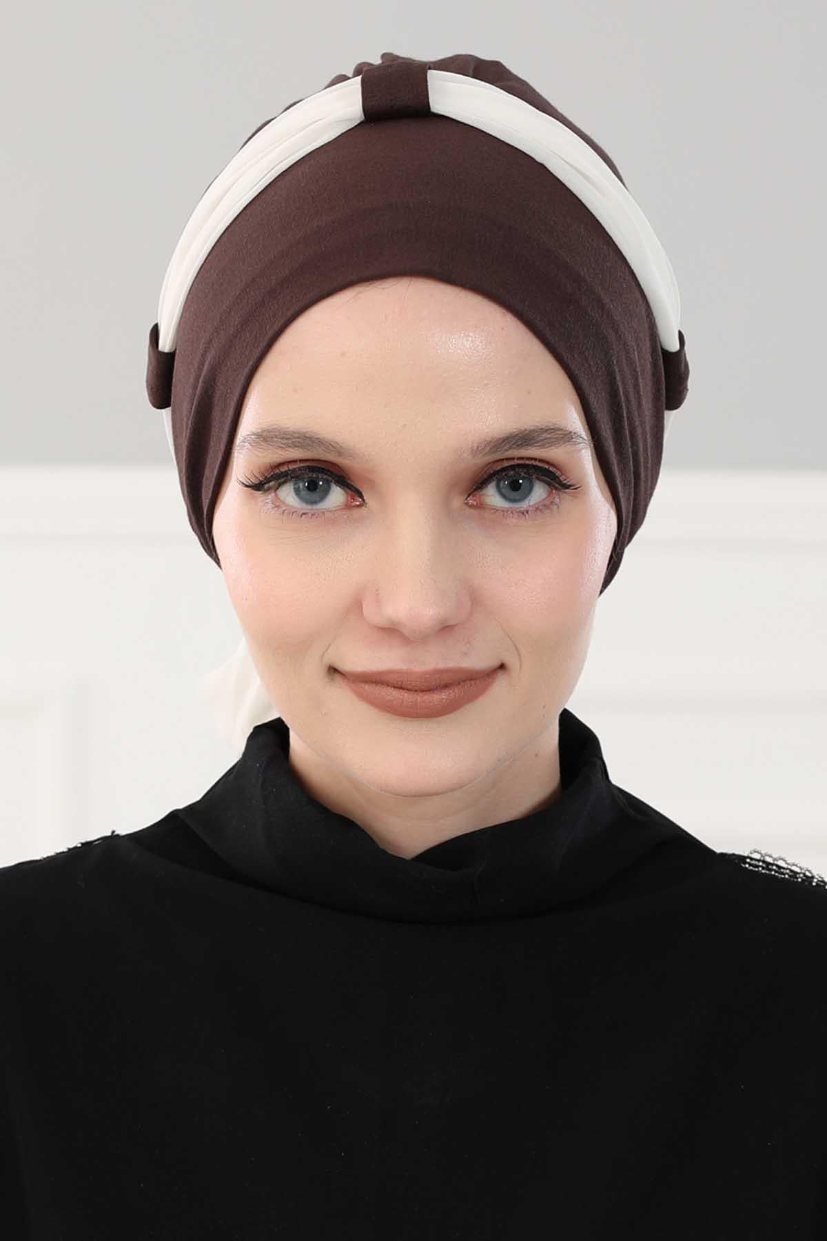Dual Tone Instant Turban Bonnet with Chiffon Band, Fashionable Muslim Head Covering for Women, Ready-to-Wear Versatile Women Head Wrap,B-24 Brown - Ivory
