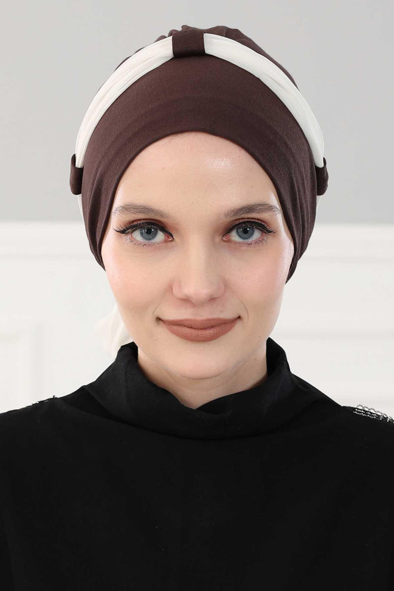 Dual Tone Instant Turban Bonnet with Chiffon Band, Fashionable Muslim Head Covering for Women, Ready-to-Wear Versatile Women Head Wrap,B-24