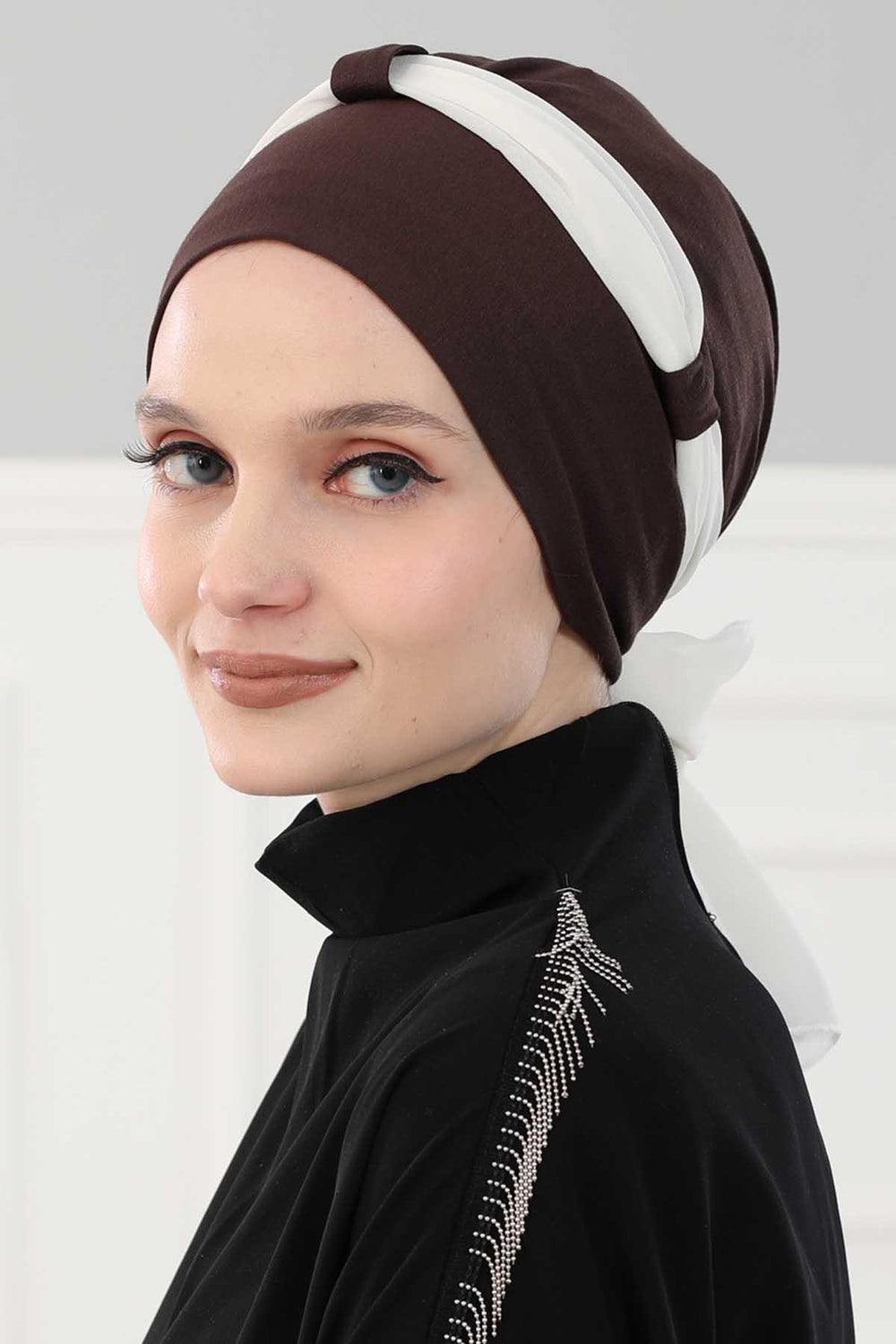 Dual Tone Instant Turban Bonnet with Chiffon Band, Fashionable Muslim Head Covering for Women, Ready-to-Wear Versatile Women Head Wrap,B-24 Brown - Ivory