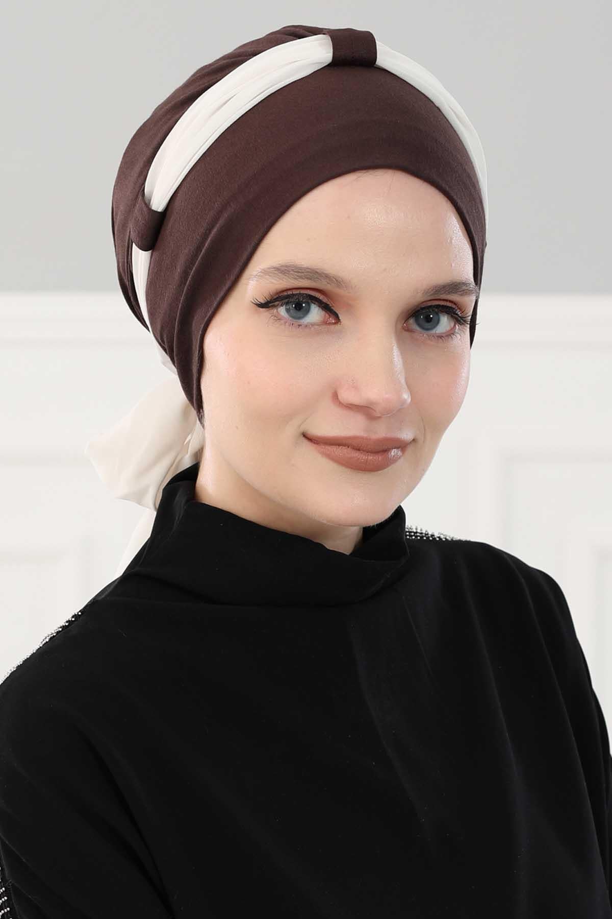 Dual Tone Instant Turban Bonnet with Chiffon Band, Fashionable Muslim Head Covering for Women, Ready-to-Wear Versatile Women Head Wrap,B-24 Brown - Ivory