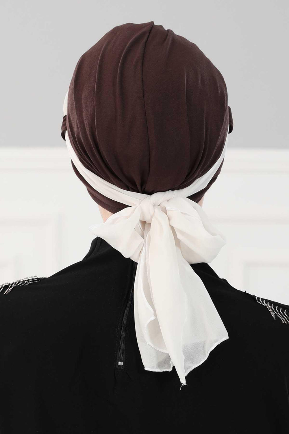 Dual Tone Instant Turban Bonnet with Chiffon Band, Fashionable Muslim Head Covering for Women, Ready-to-Wear Versatile Women Head Wrap,B-24 Brown - Ivory