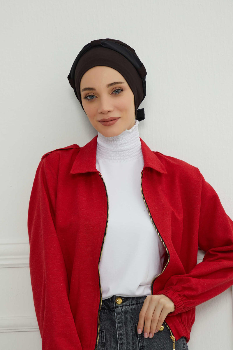 Dual Tone Instant Turban Bonnet with Chiffon Band, Fashionable Muslim Head Covering for Women, Ready-to-Wear Versatile Women Head Wrap,B-24