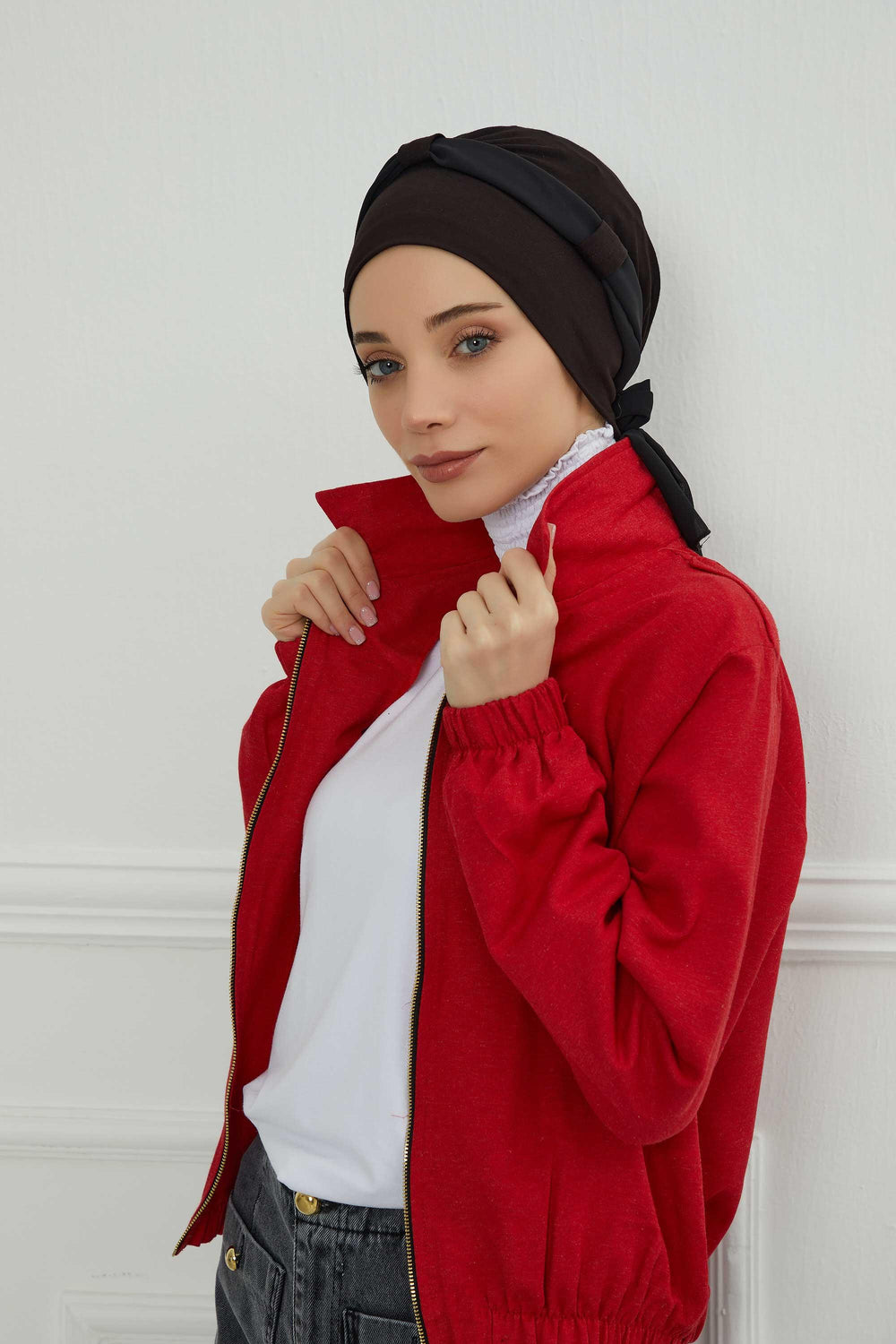 Dual Tone Instant Turban Bonnet with Chiffon Band, Fashionable Muslim Head Covering for Women, Ready-to-Wear Versatile Women Head Wrap,B-24 Black