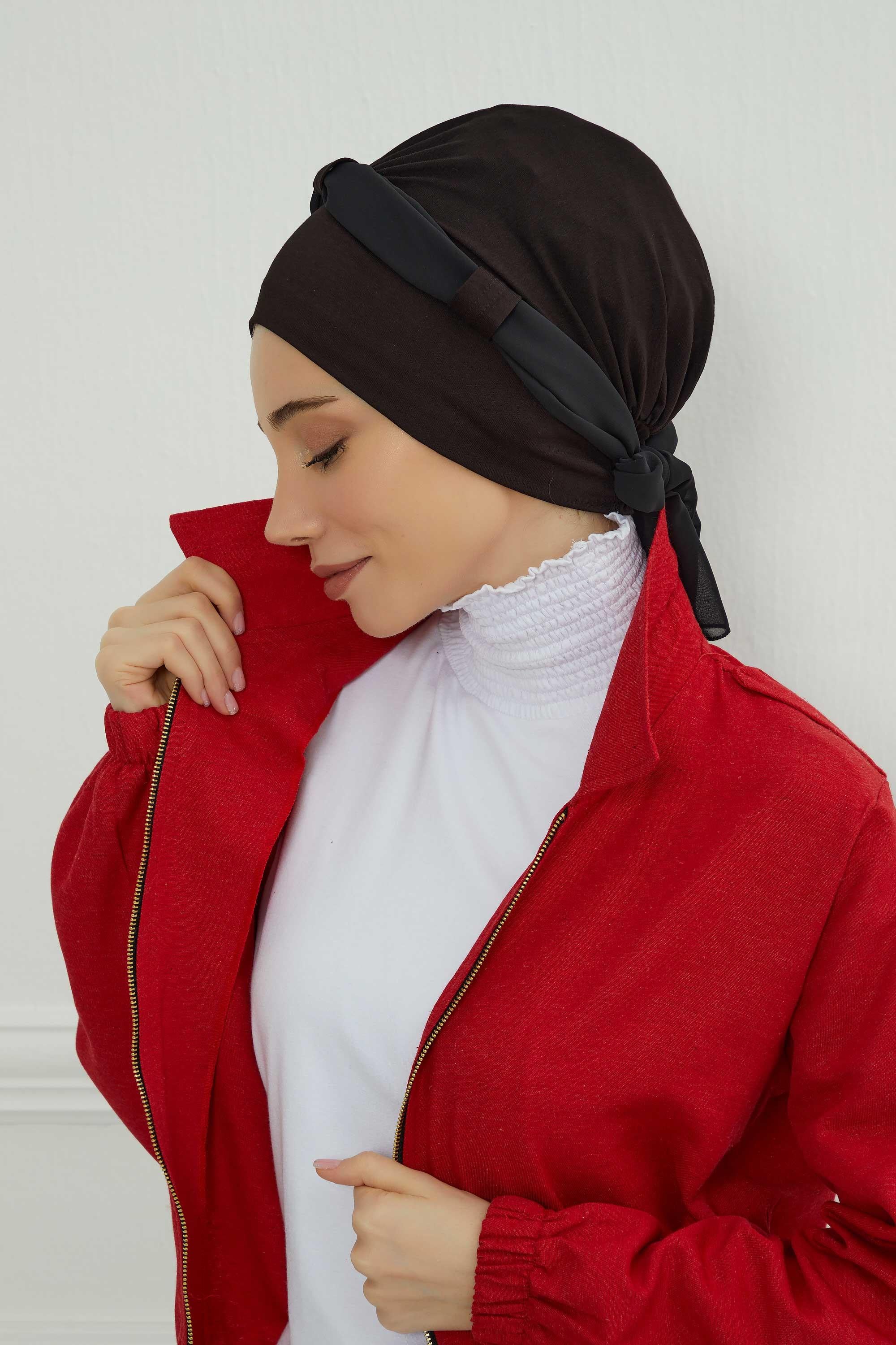 Dual Tone Instant Turban Bonnet with Chiffon Band, Fashionable Muslim Head Covering for Women, Ready-to-Wear Versatile Women Head Wrap,B-24 Black