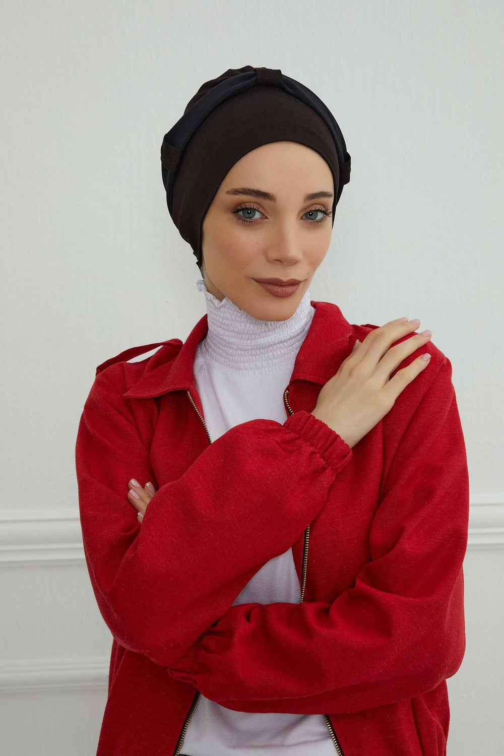 Dual Tone Instant Turban Bonnet with Chiffon Band, Fashionable Muslim Head Covering for Women, Ready-to-Wear Versatile Women Head Wrap,B-24 Black
