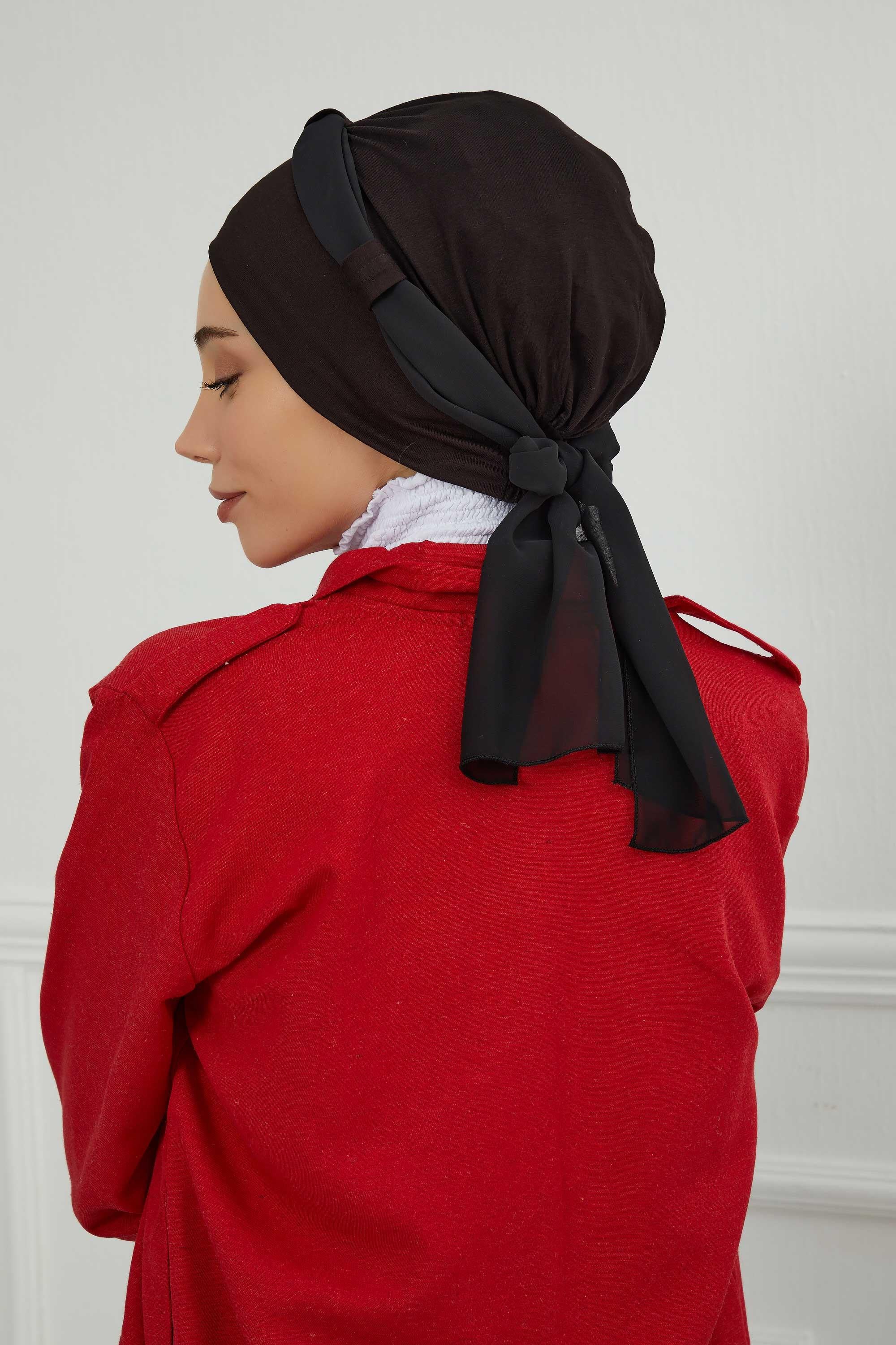 Dual Tone Instant Turban Bonnet with Chiffon Band, Fashionable Muslim Head Covering for Women, Ready-to-Wear Versatile Women Head Wrap,B-24 Black