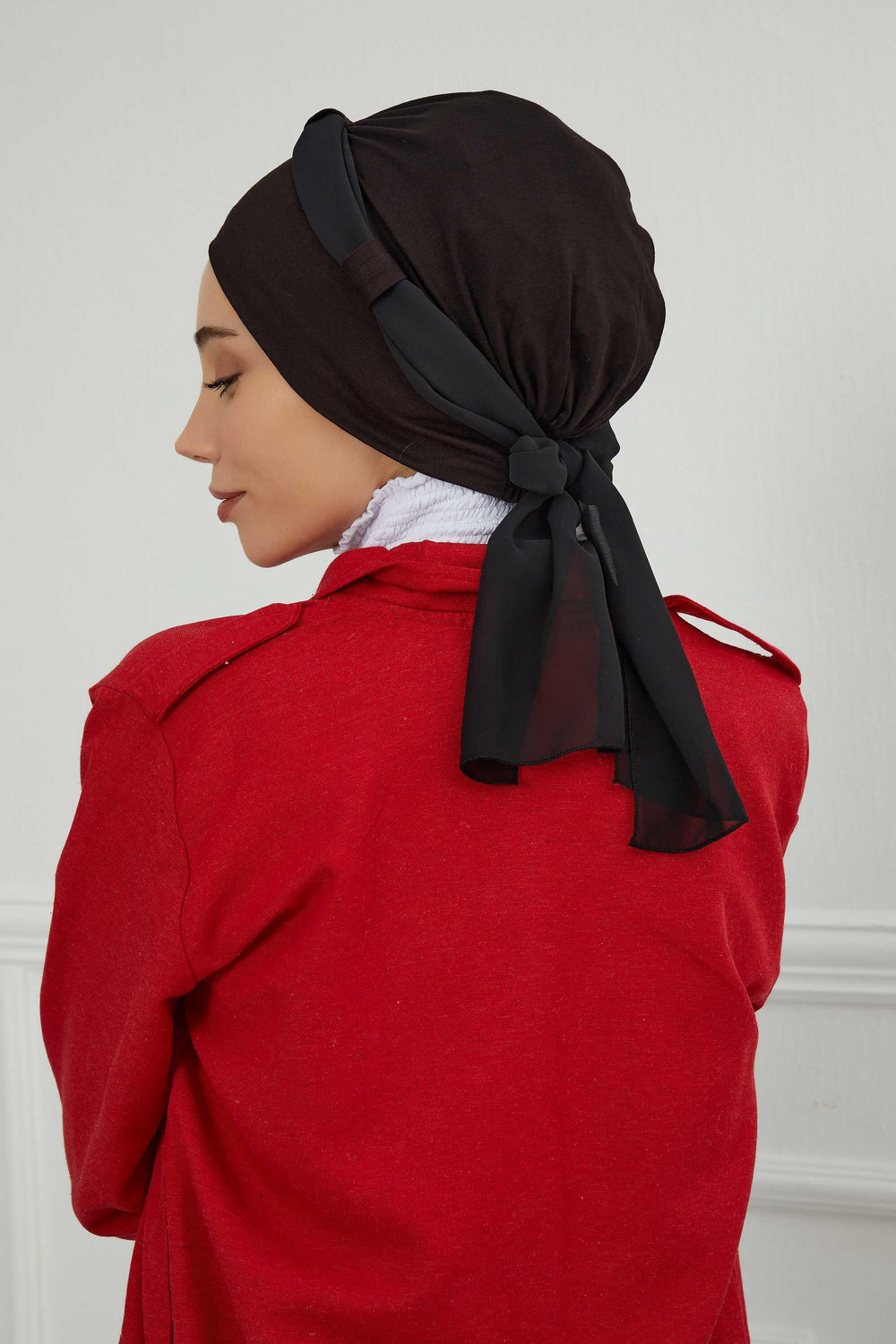 Dual Tone Instant Turban Bonnet with Chiffon Band, Fashionable Muslim Head Covering for Women, Ready-to-Wear Versatile Women Head Wrap,B-24 Black