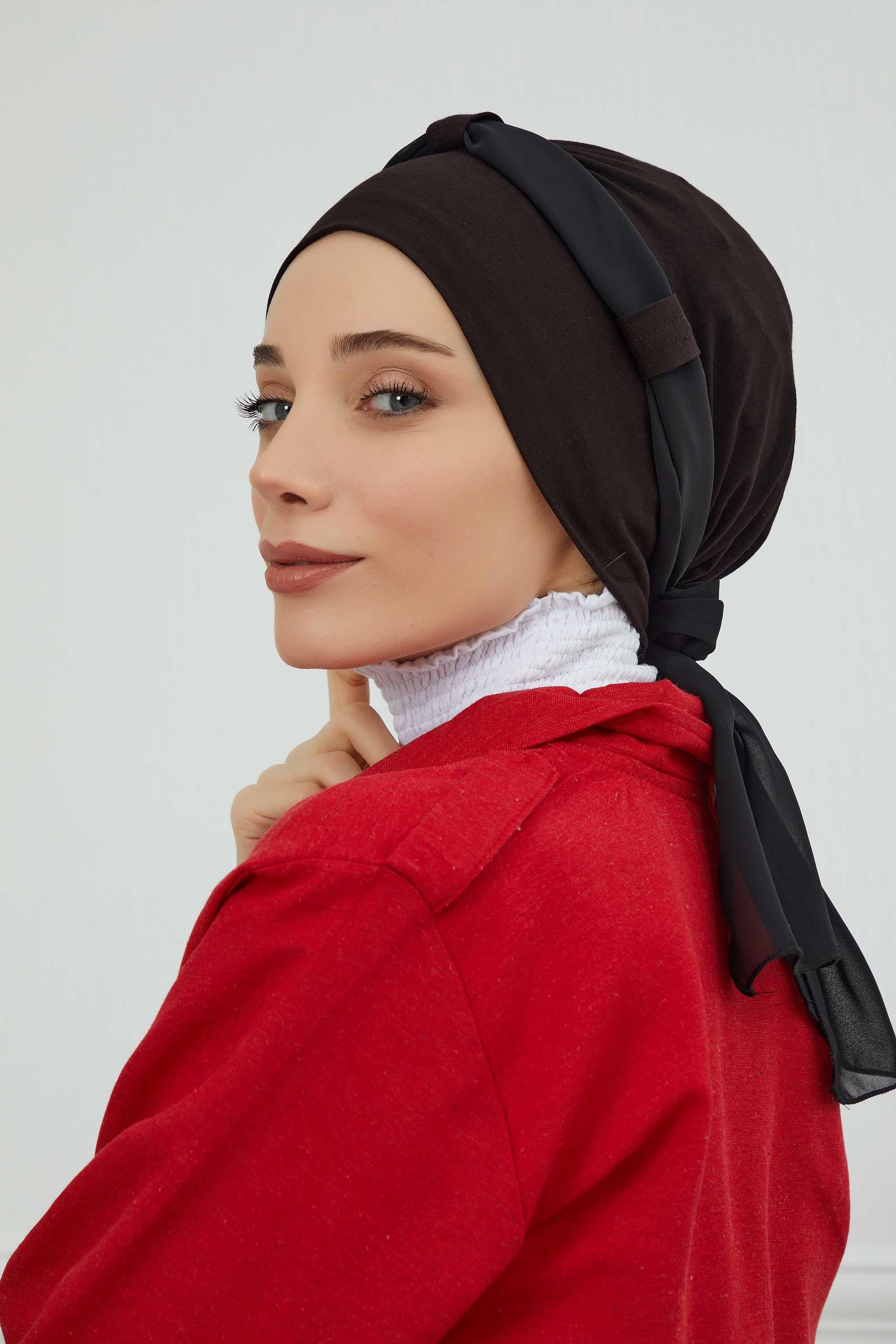Dual Tone Instant Turban Bonnet with Chiffon Band, Fashionable Muslim Head Covering for Women, Ready-to-Wear Versatile Women Head Wrap,B-24 Black