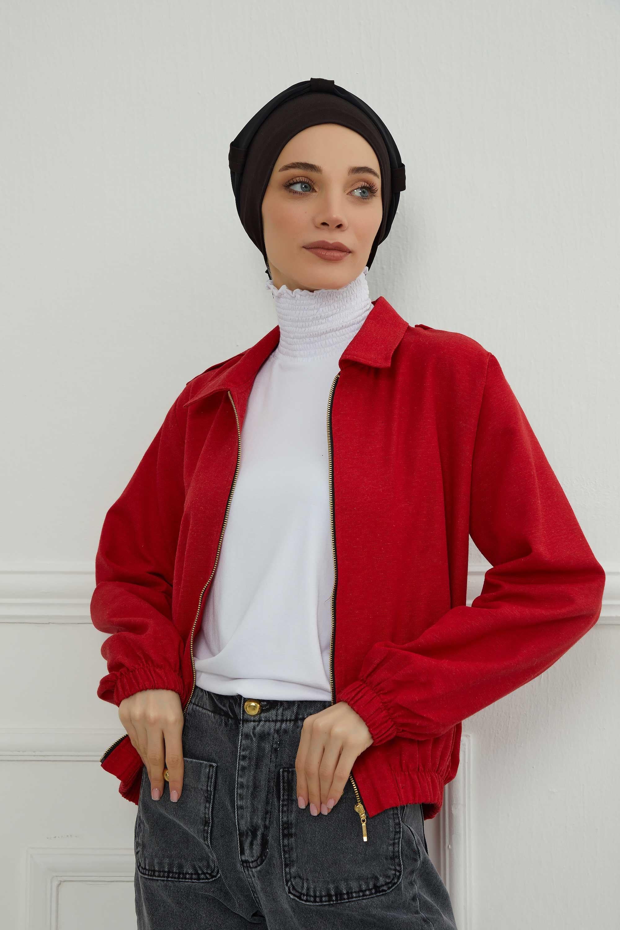 Dual Tone Instant Turban Bonnet with Chiffon Band, Fashionable Muslim Head Covering for Women, Ready-to-Wear Versatile Women Head Wrap,B-24 Black