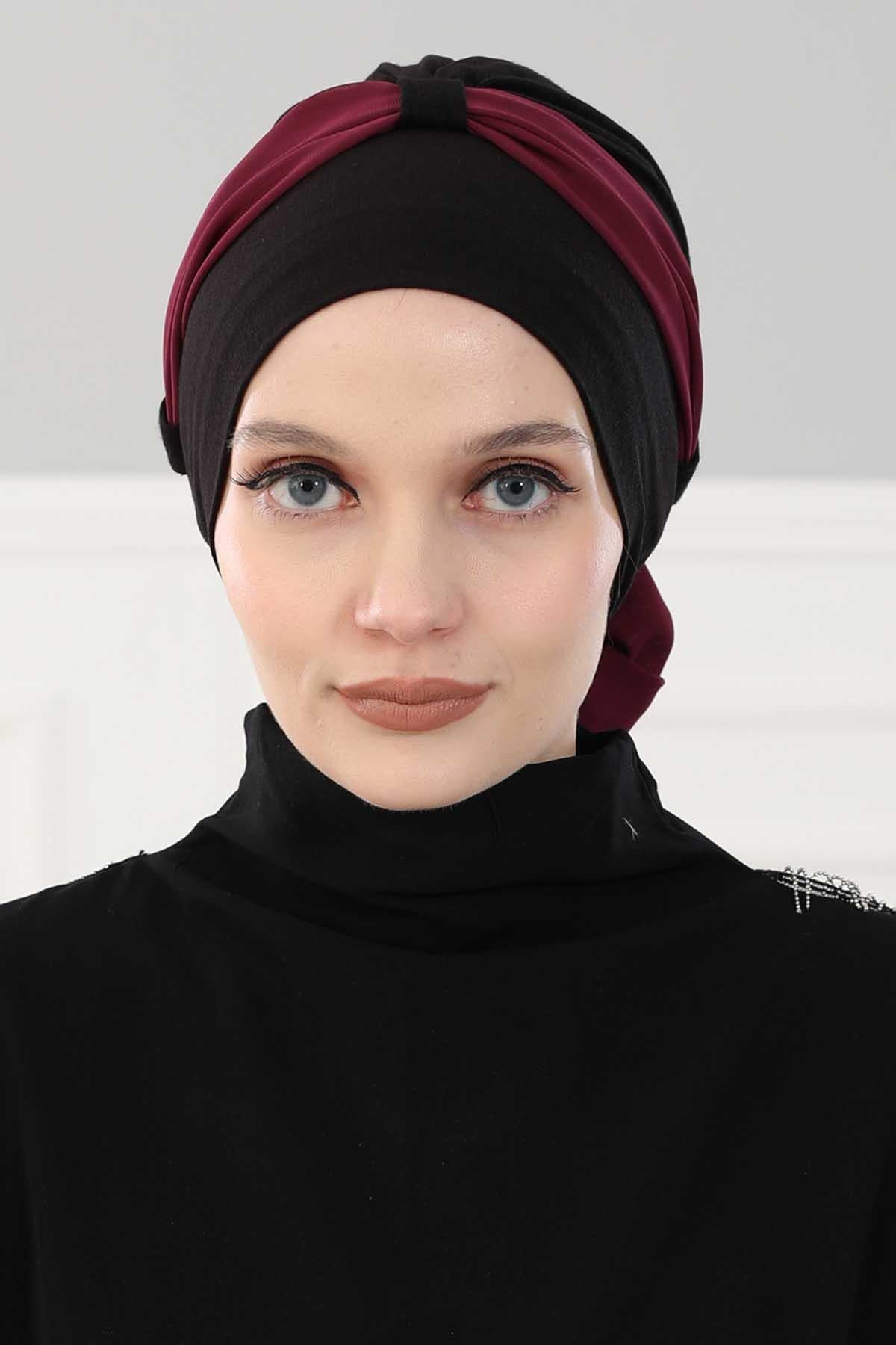Dual Tone Instant Turban Bonnet with Chiffon Band, Fashionable Muslim Head Covering for Women, Ready-to-Wear Versatile Women Head Wrap,B-24 Black - Damson