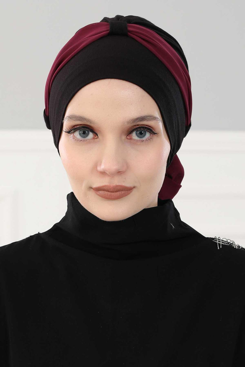Dual Tone Instant Turban Bonnet with Chiffon Band, Fashionable Muslim Head Covering for Women, Ready-to-Wear Versatile Women Head Wrap,B-24 Black - Damson