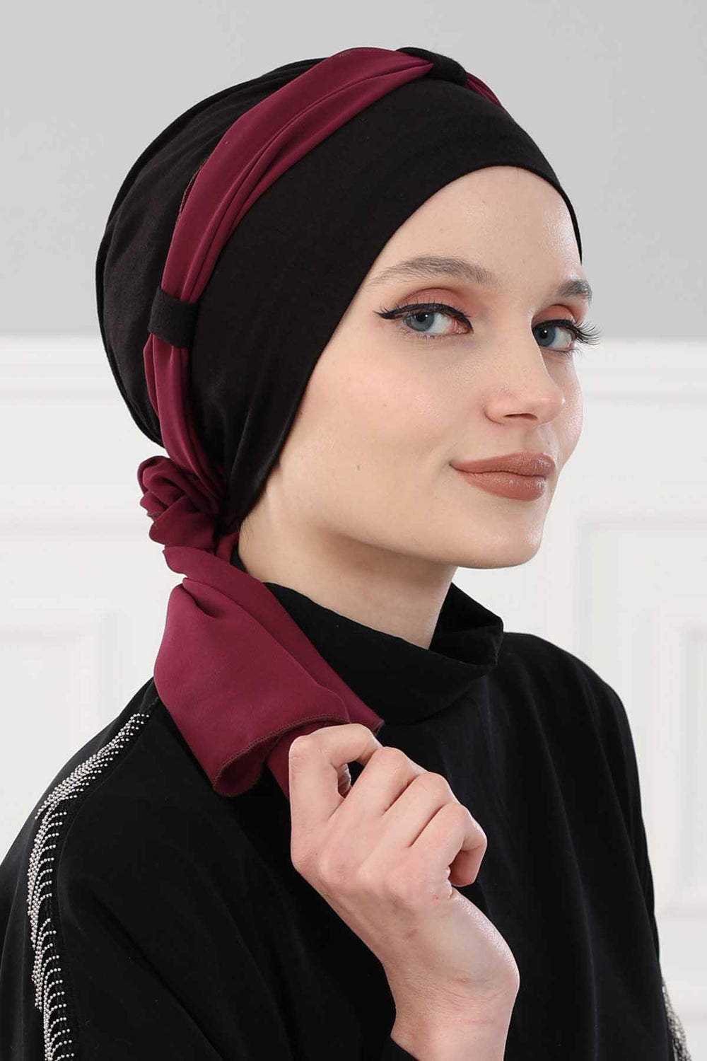 Dual Tone Instant Turban Bonnet with Chiffon Band, Fashionable Muslim Head Covering for Women, Ready-to-Wear Versatile Women Head Wrap,B-24 Black - Damson