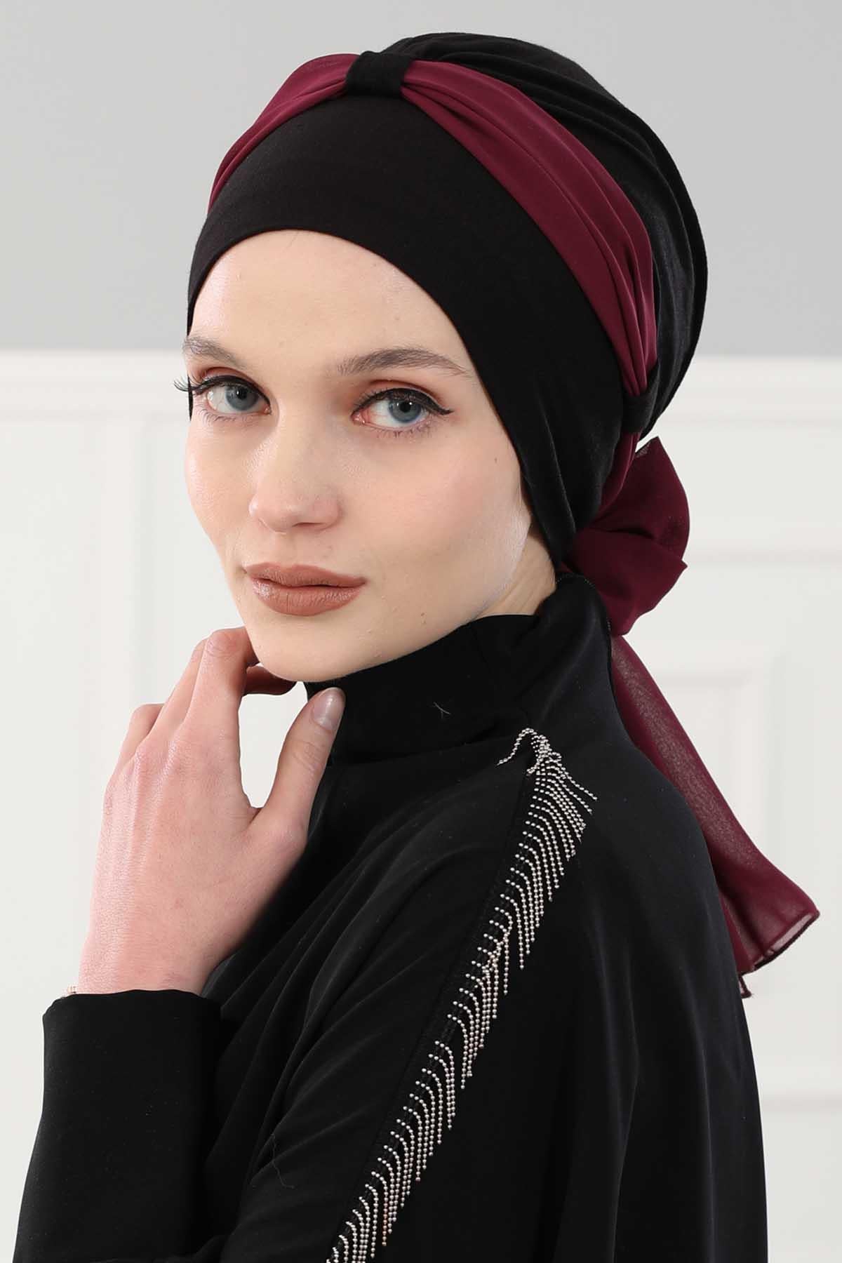Dual Tone Instant Turban Bonnet with Chiffon Band, Fashionable Muslim Head Covering for Women, Ready-to-Wear Versatile Women Head Wrap,B-24 Black - Damson