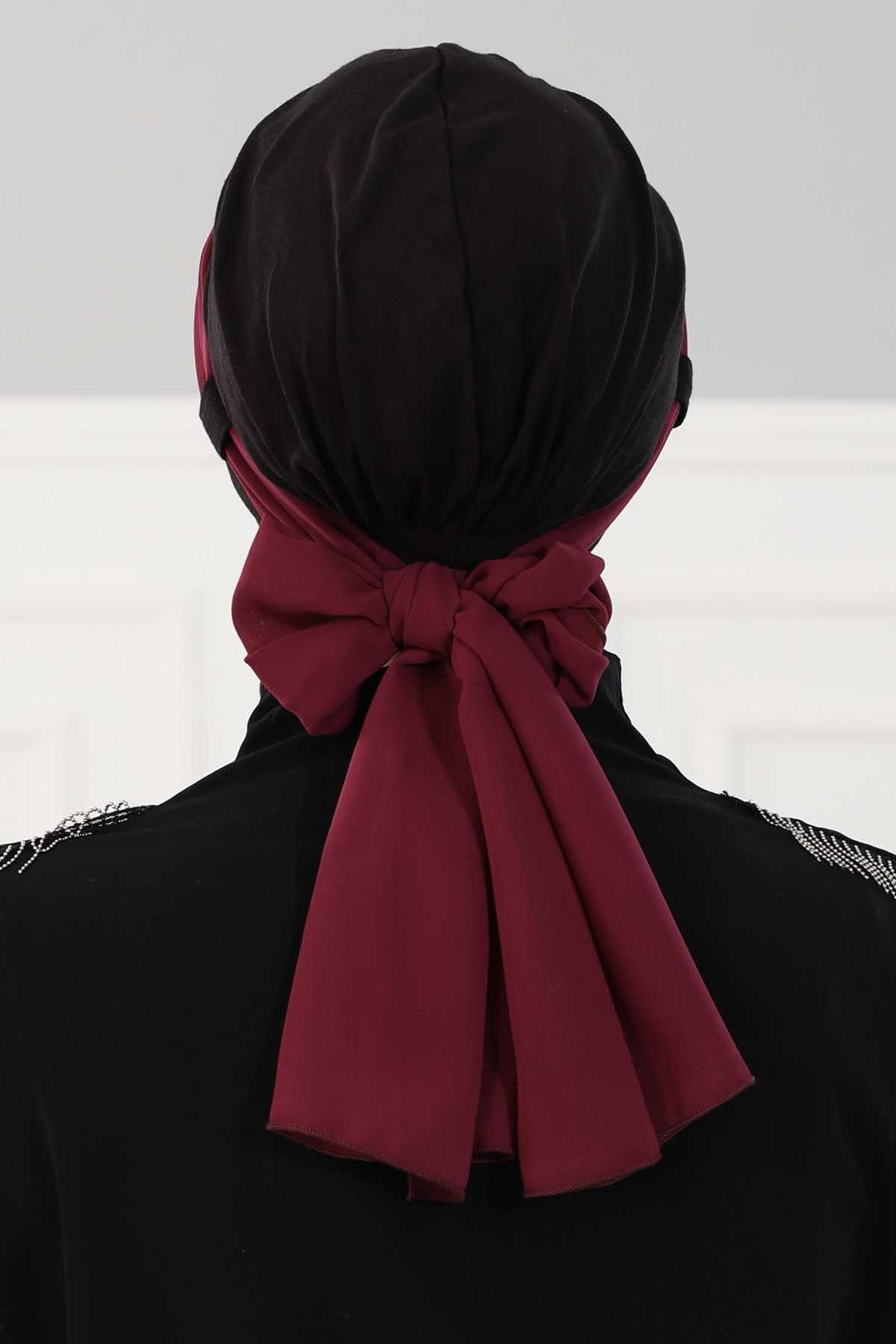 Dual Tone Instant Turban Bonnet with Chiffon Band, Fashionable Muslim Head Covering for Women, Ready-to-Wear Versatile Women Head Wrap,B-24 Black - Damson