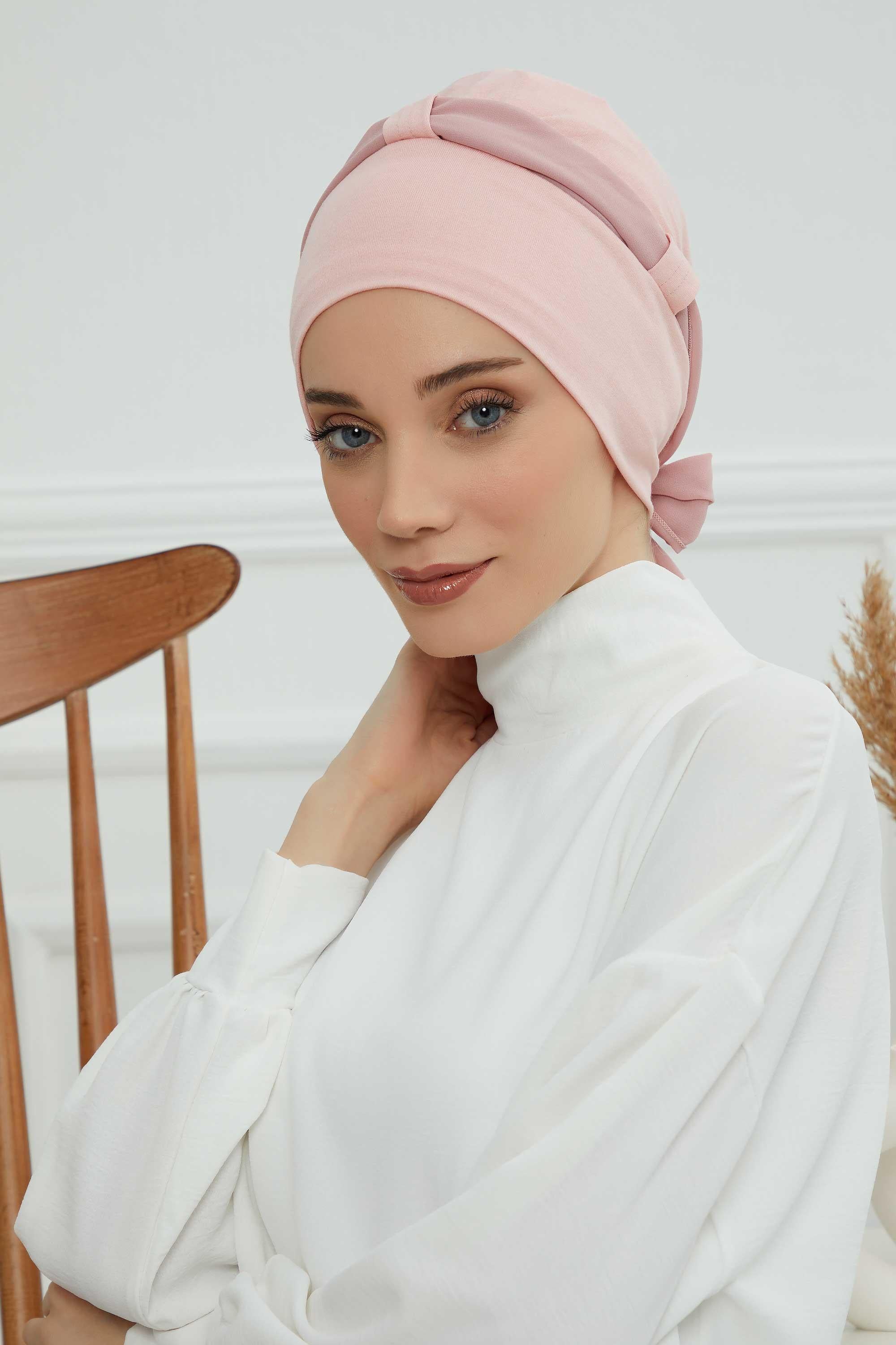 Dual Tone Instant Turban Bonnet with Chiffon Band, Fashionable Muslim Head Covering for Women, Ready-to-Wear Versatile Women Head Wrap,B-24 Powder