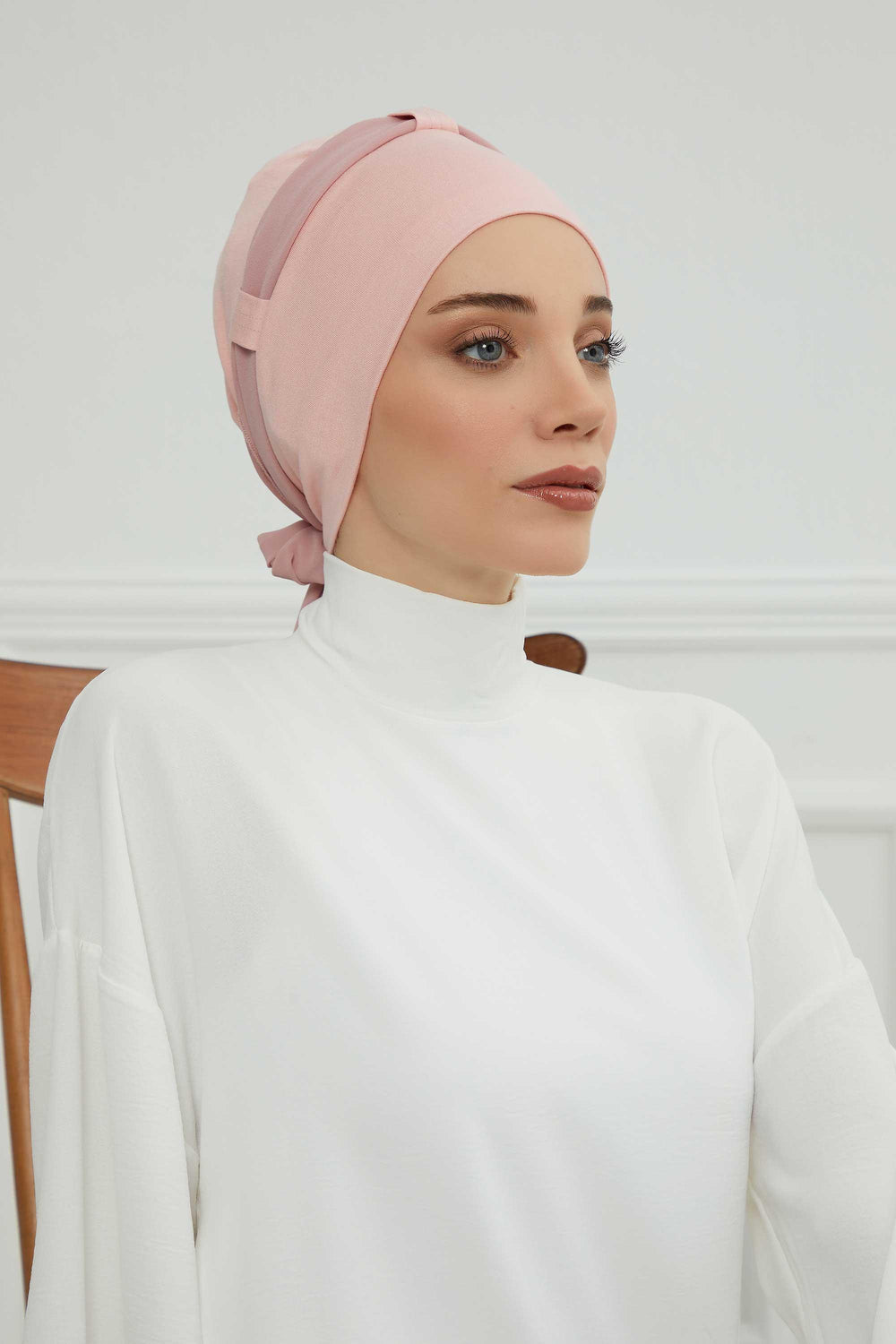 Dual Tone Instant Turban Bonnet with Chiffon Band, Fashionable Muslim Head Covering for Women, Ready-to-Wear Versatile Women Head Wrap,B-24 Powder