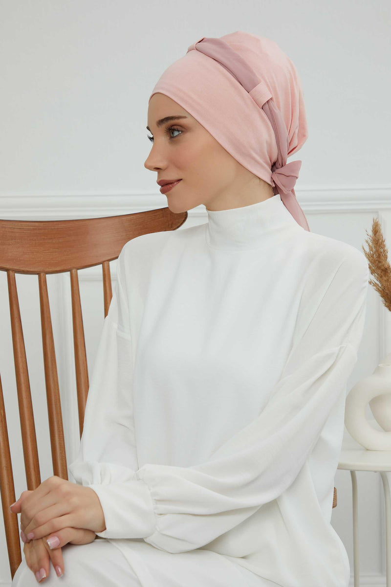 Dual Tone Instant Turban Bonnet with Chiffon Band, Fashionable Muslim Head Covering for Women, Ready-to-Wear Versatile Women Head Wrap,B-24