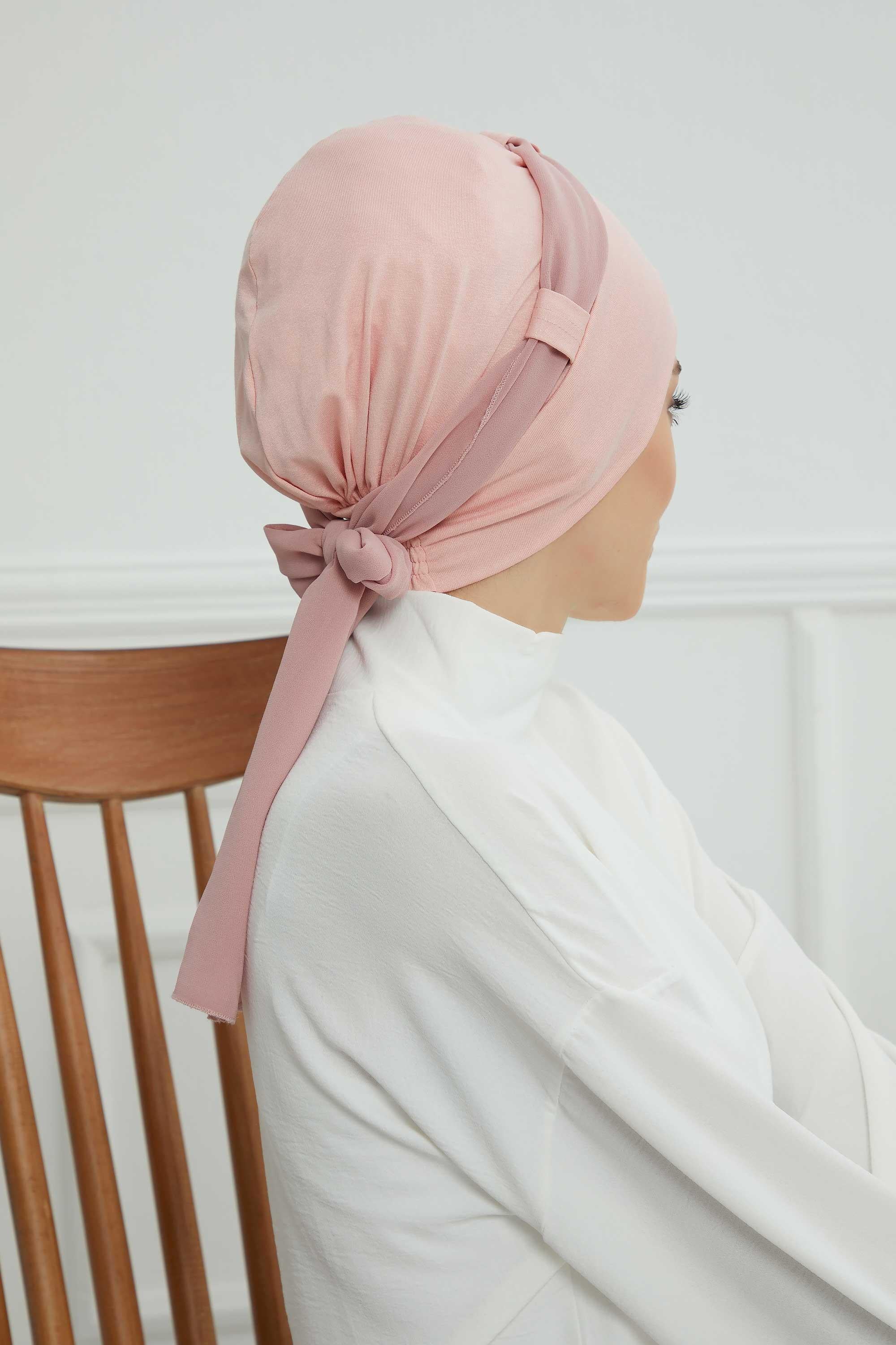 Dual Tone Instant Turban Bonnet with Chiffon Band, Fashionable Muslim Head Covering for Women, Ready-to-Wear Versatile Women Head Wrap,B-24 Powder