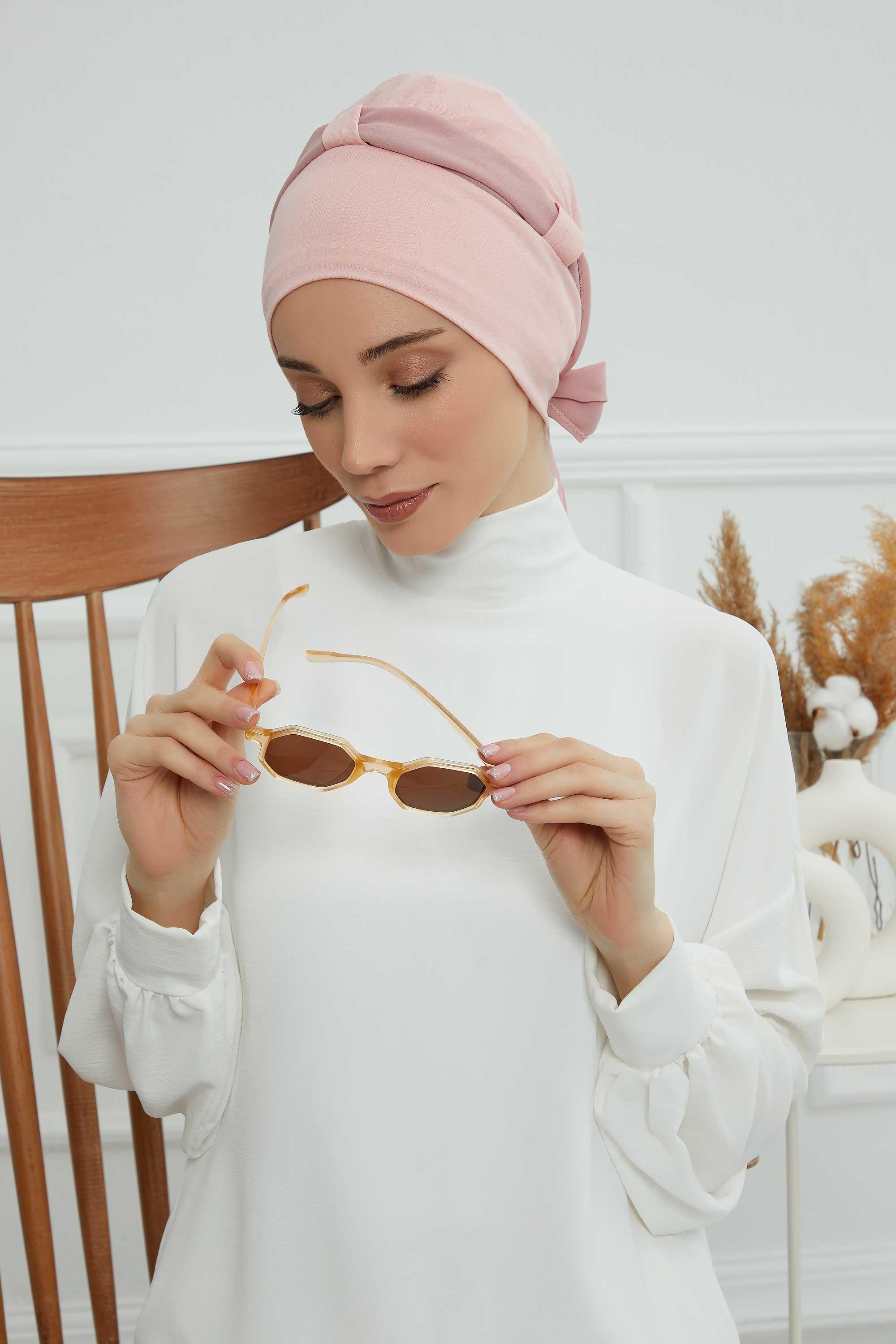 Dual Tone Instant Turban Bonnet with Chiffon Band, Fashionable Muslim Head Covering for Women, Ready-to-Wear Versatile Women Head Wrap,B-24 Powder