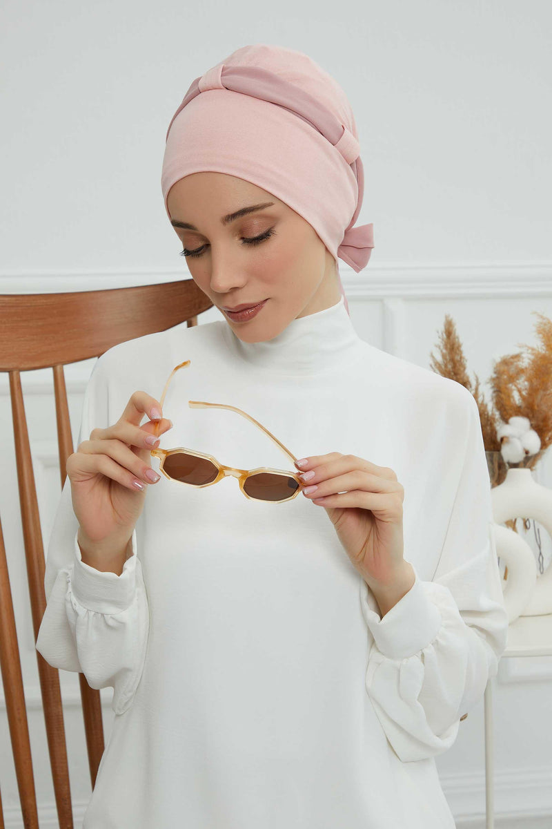 Dual Tone Instant Turban Bonnet with Chiffon Band, Fashionable Muslim Head Covering for Women, Ready-to-Wear Versatile Women Head Wrap,B-24