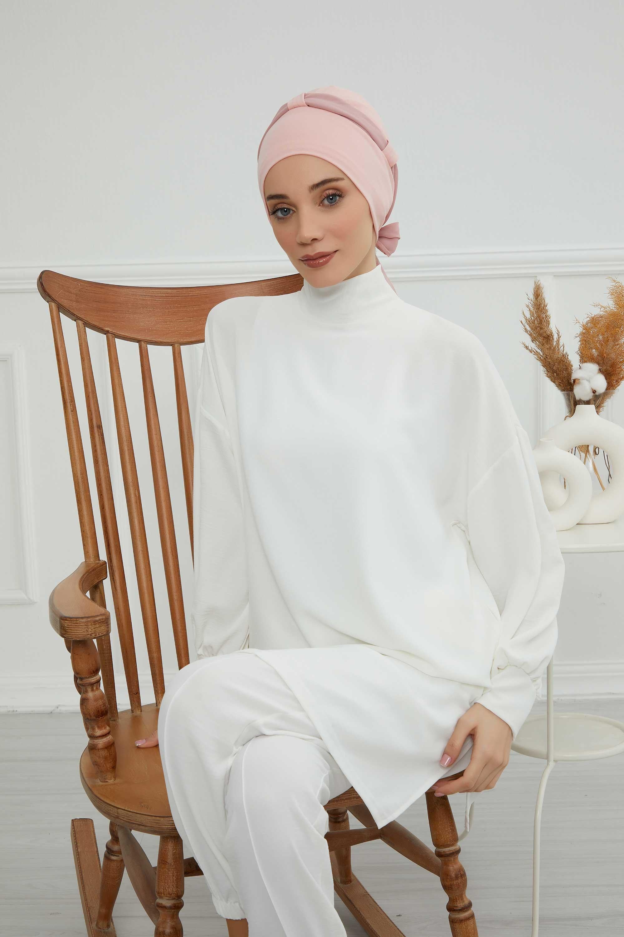 Dual Tone Instant Turban Bonnet with Chiffon Band, Fashionable Muslim Head Covering for Women, Ready-to-Wear Versatile Women Head Wrap,B-24 Powder