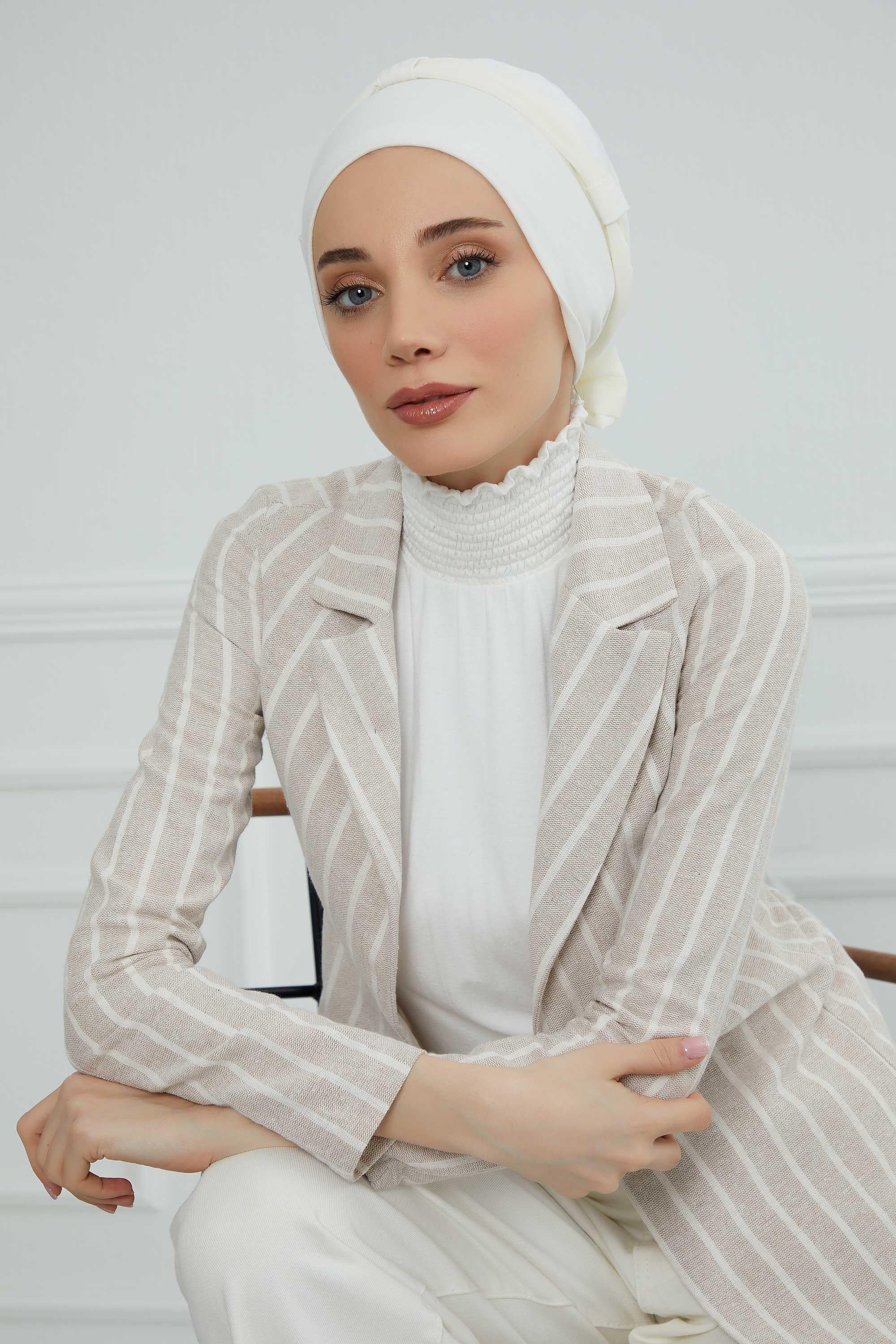 Dual Tone Instant Turban Bonnet with Chiffon Band, Fashionable Muslim Head Covering for Women, Ready-to-Wear Versatile Women Head Wrap,B-24 Ivory