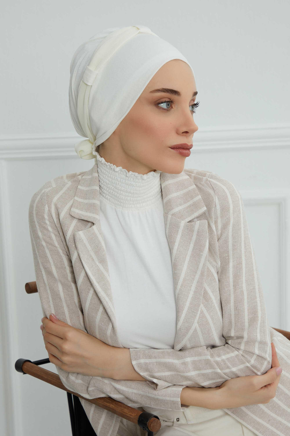 Dual Tone Instant Turban Bonnet with Chiffon Band, Fashionable Muslim Head Covering for Women, Ready-to-Wear Versatile Women Head Wrap,B-24 Ivory