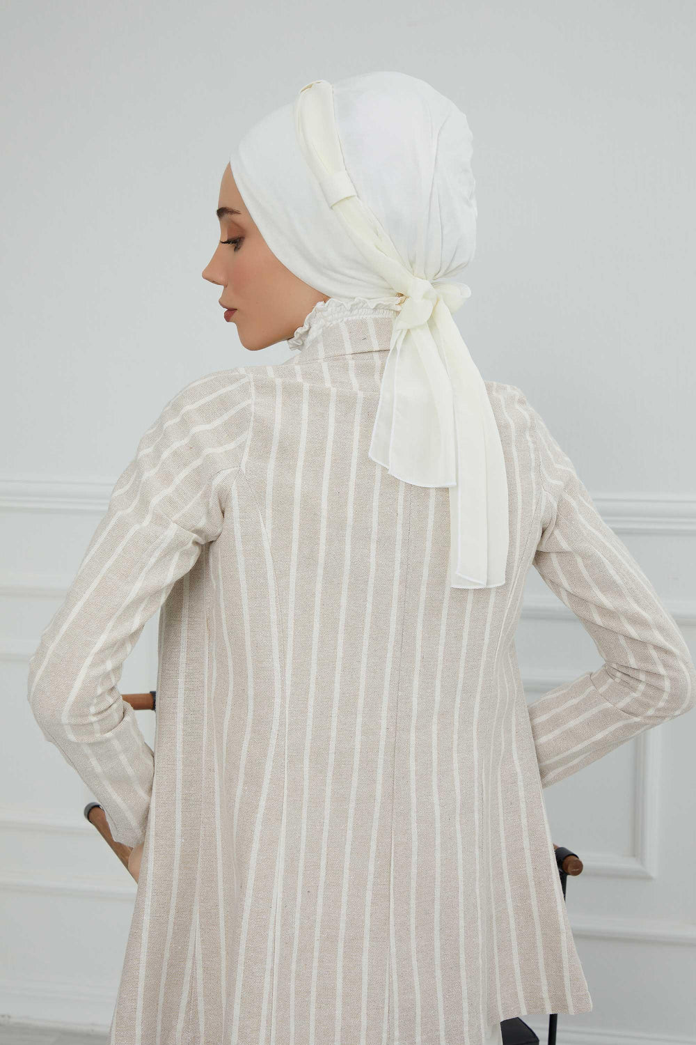 Dual Tone Instant Turban Bonnet with Chiffon Band, Fashionable Muslim Head Covering for Women, Ready-to-Wear Versatile Women Head Wrap,B-24 Ivory