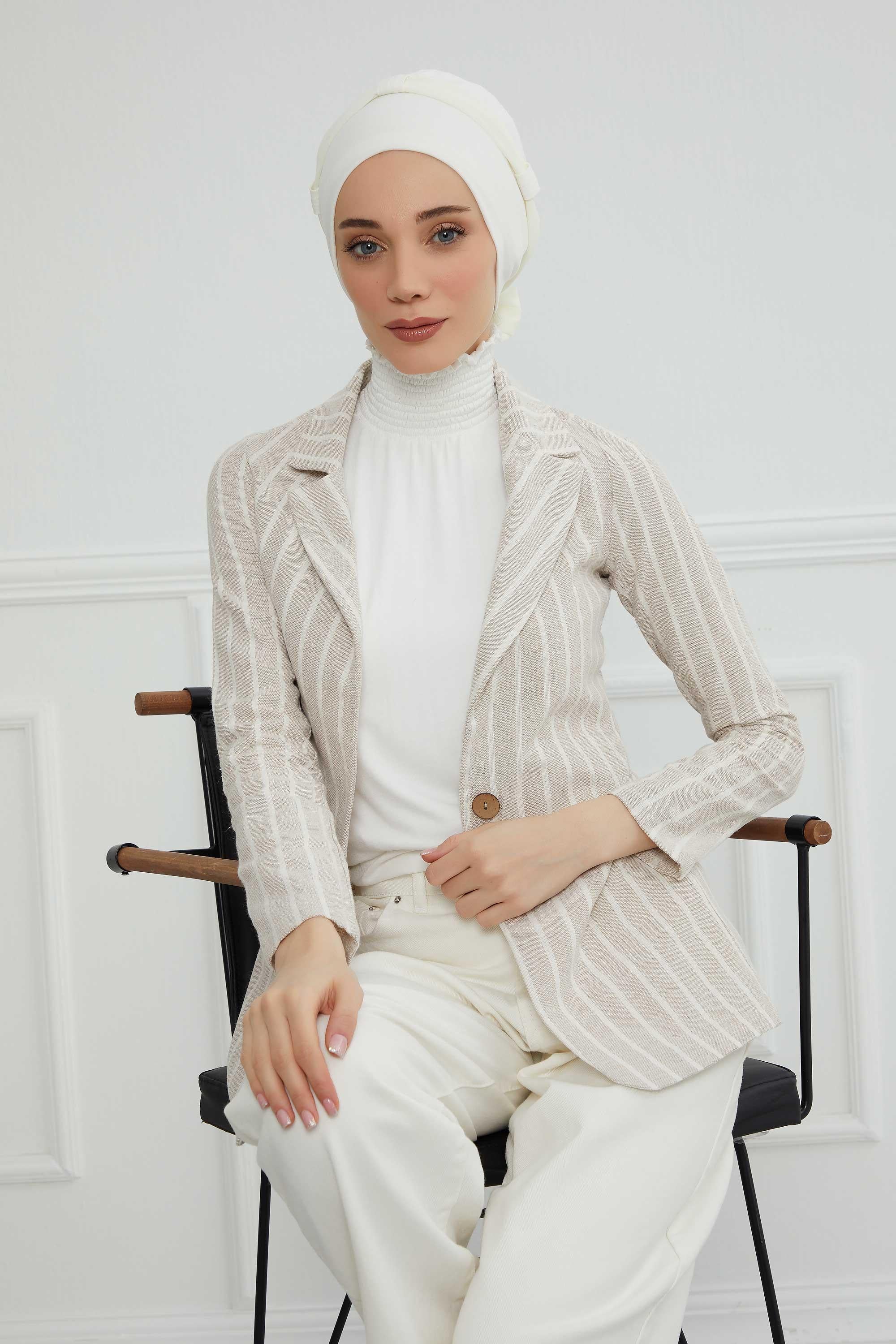 Dual Tone Instant Turban Bonnet with Chiffon Band, Fashionable Muslim Head Covering for Women, Ready-to-Wear Versatile Women Head Wrap,B-24 Ivory