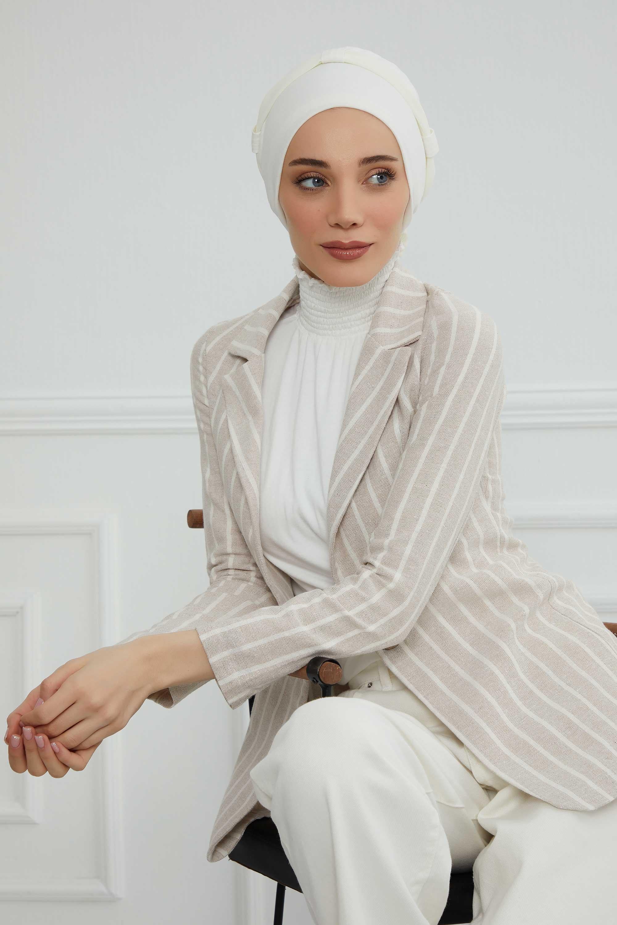 Dual Tone Instant Turban Bonnet with Chiffon Band, Fashionable Muslim Head Covering for Women, Ready-to-Wear Versatile Women Head Wrap,B-24 Ivory