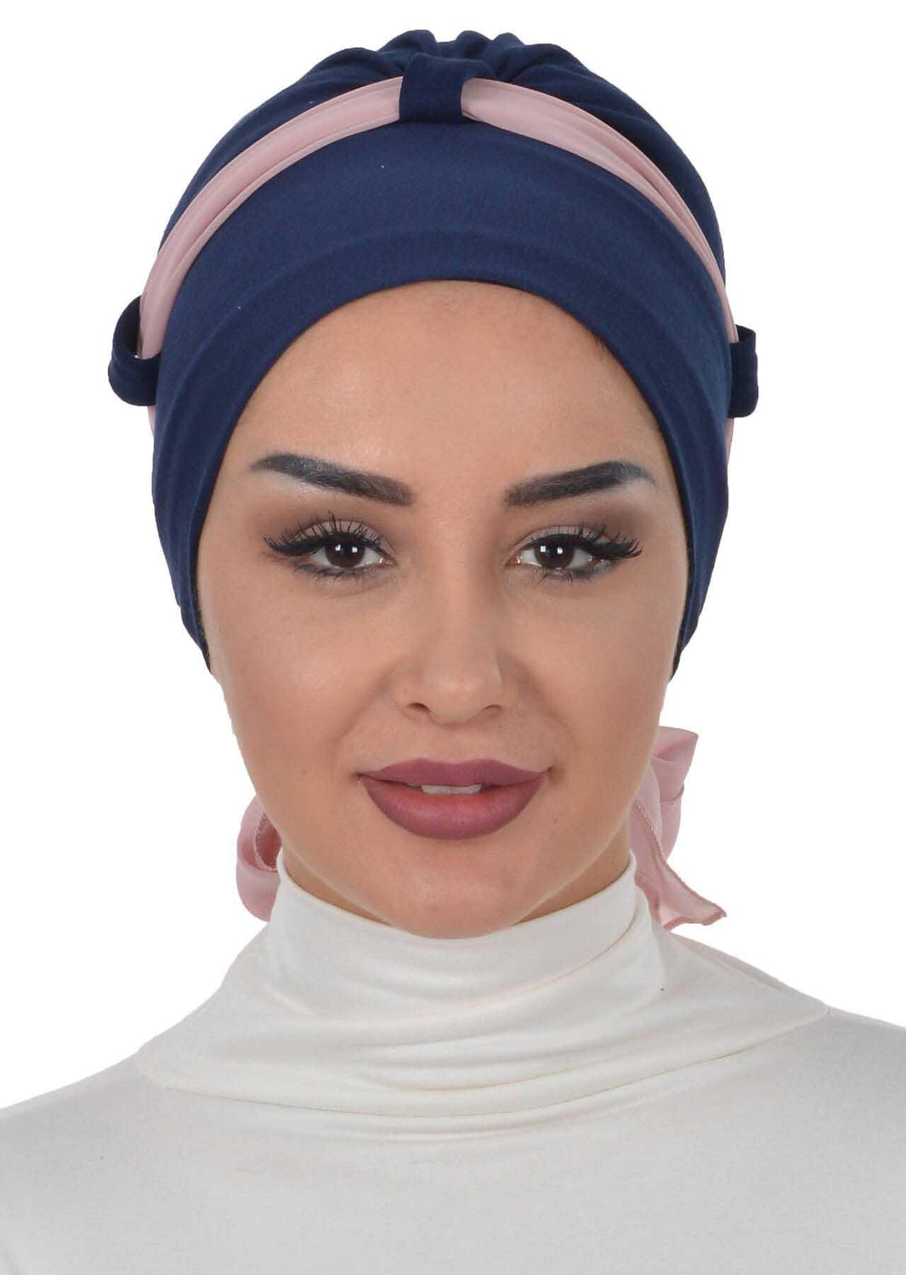 Dual Tone Instant Turban Bonnet with Chiffon Band, Fashionable Muslim Head Covering for Women, Ready-to-Wear Versatile Women Head Wrap,B-24 Navy Blue - Powder