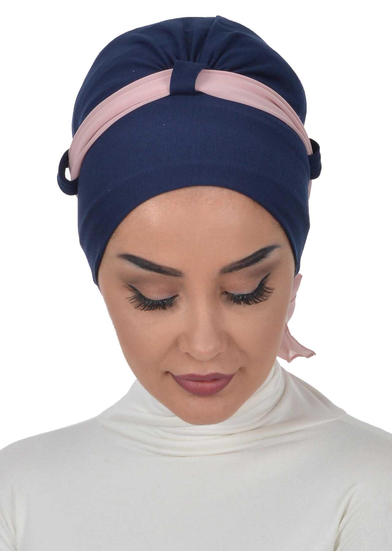 Dual Tone Instant Turban Bonnet with Chiffon Band, Fashionable Muslim Head Covering for Women, Ready-to-Wear Versatile Women Head Wrap,B-24 Navy Blue - Powder