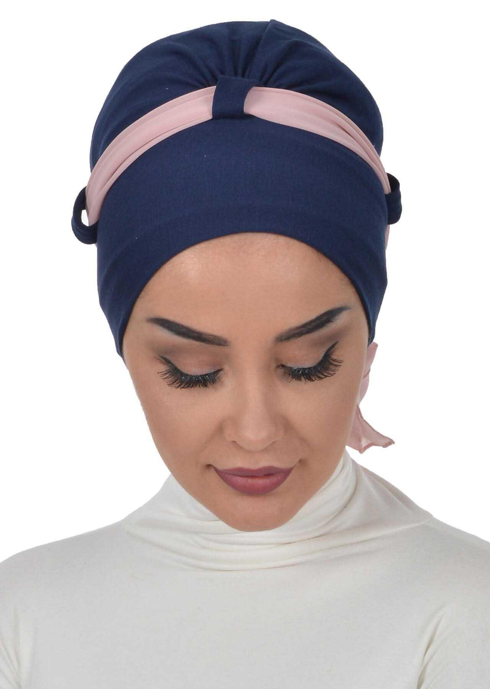 Dual Tone Instant Turban Bonnet with Chiffon Band, Fashionable Muslim Head Covering for Women, Ready-to-Wear Versatile Women Head Wrap,B-24 Navy Blue - Powder